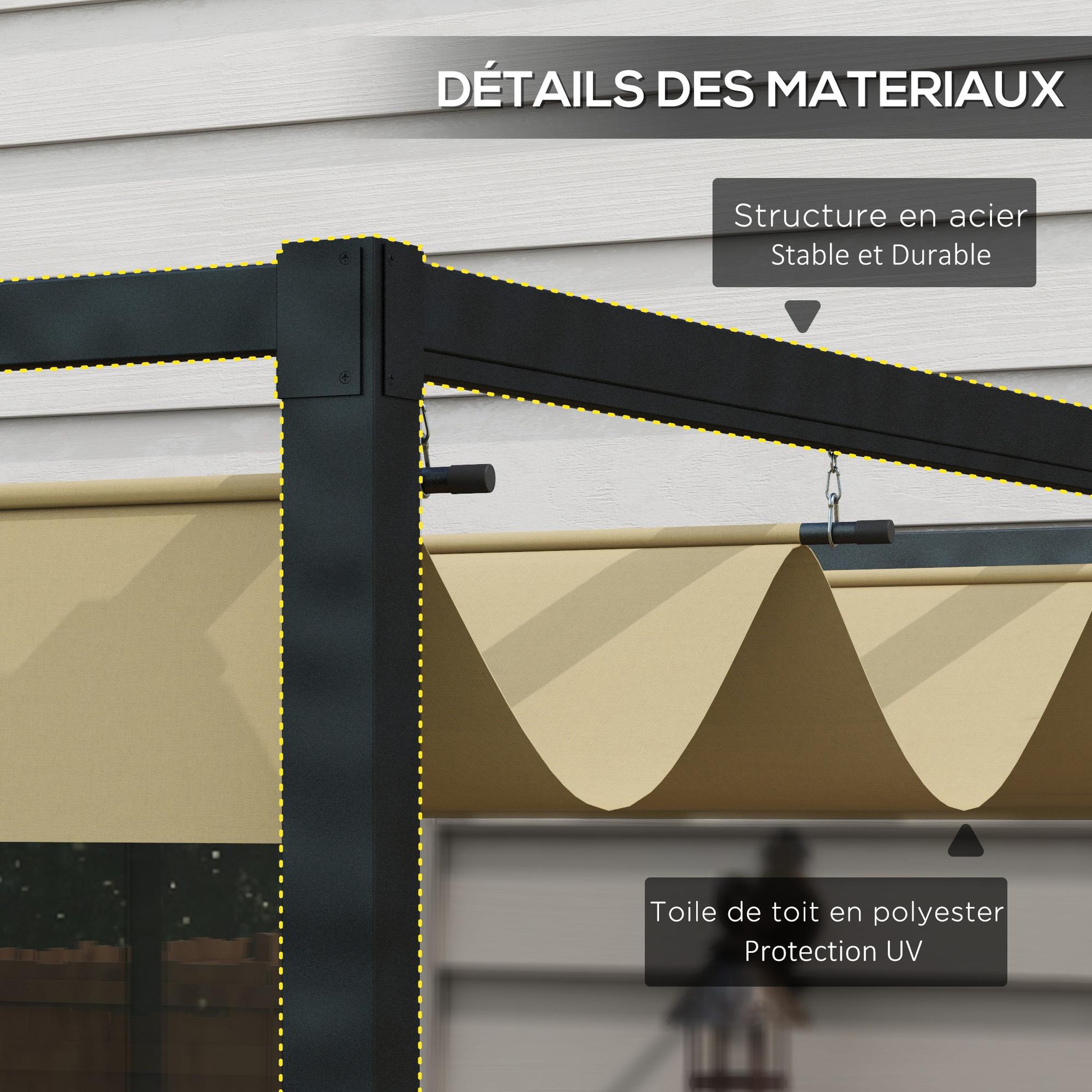Voir la diapositive 5 : OUTSUNNY Pergola rétractable 2,98L x 2,13l x 2,22H m structure métal époxy anticorrosion toile polyester haute densité 180 g/m² incluse kaki