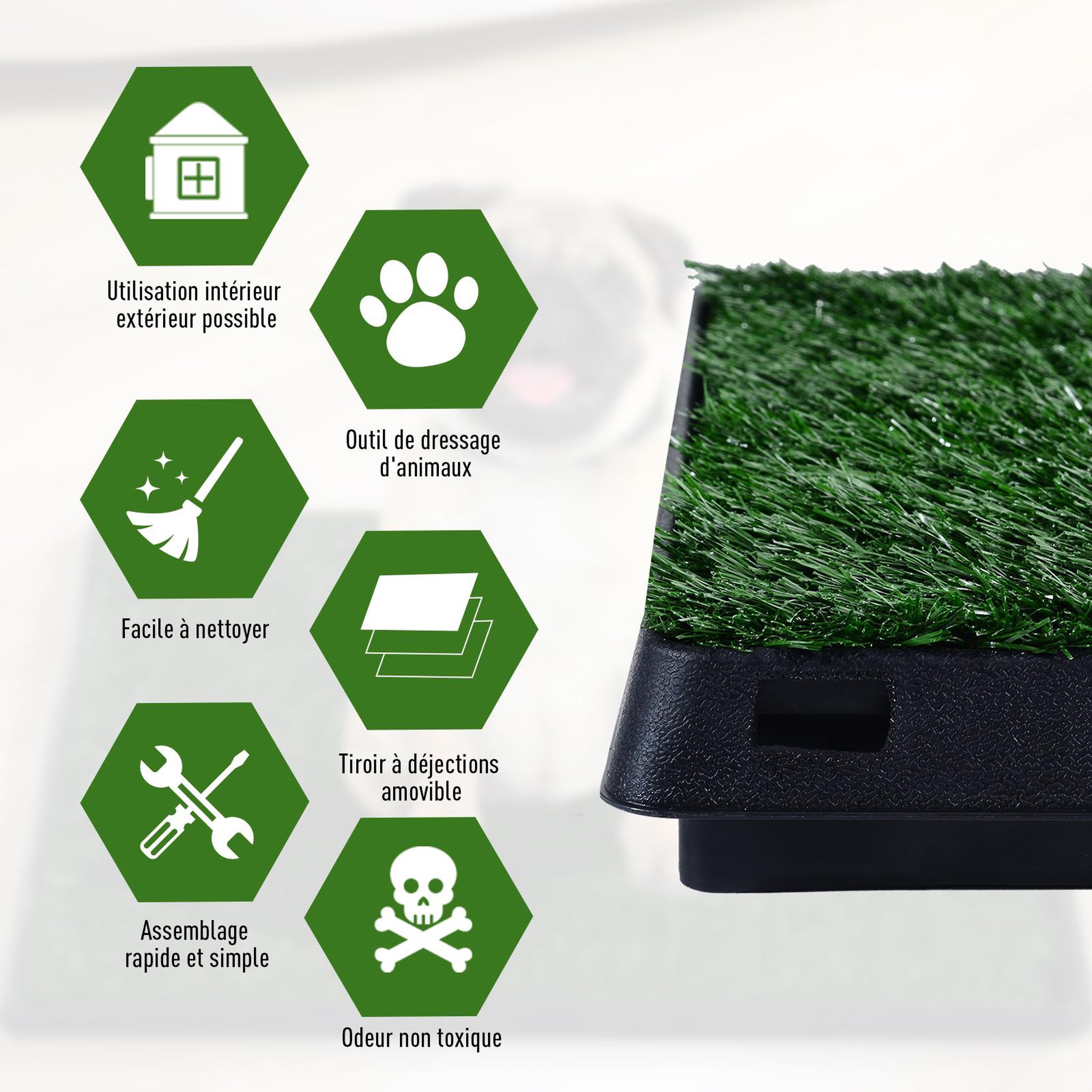 Voir la diapositive 4 : PAWHUT Litière gazon synthétique chiens toilettes portables à pelouse tiroir à déjection 63l x 51l x 6h cm noir vert