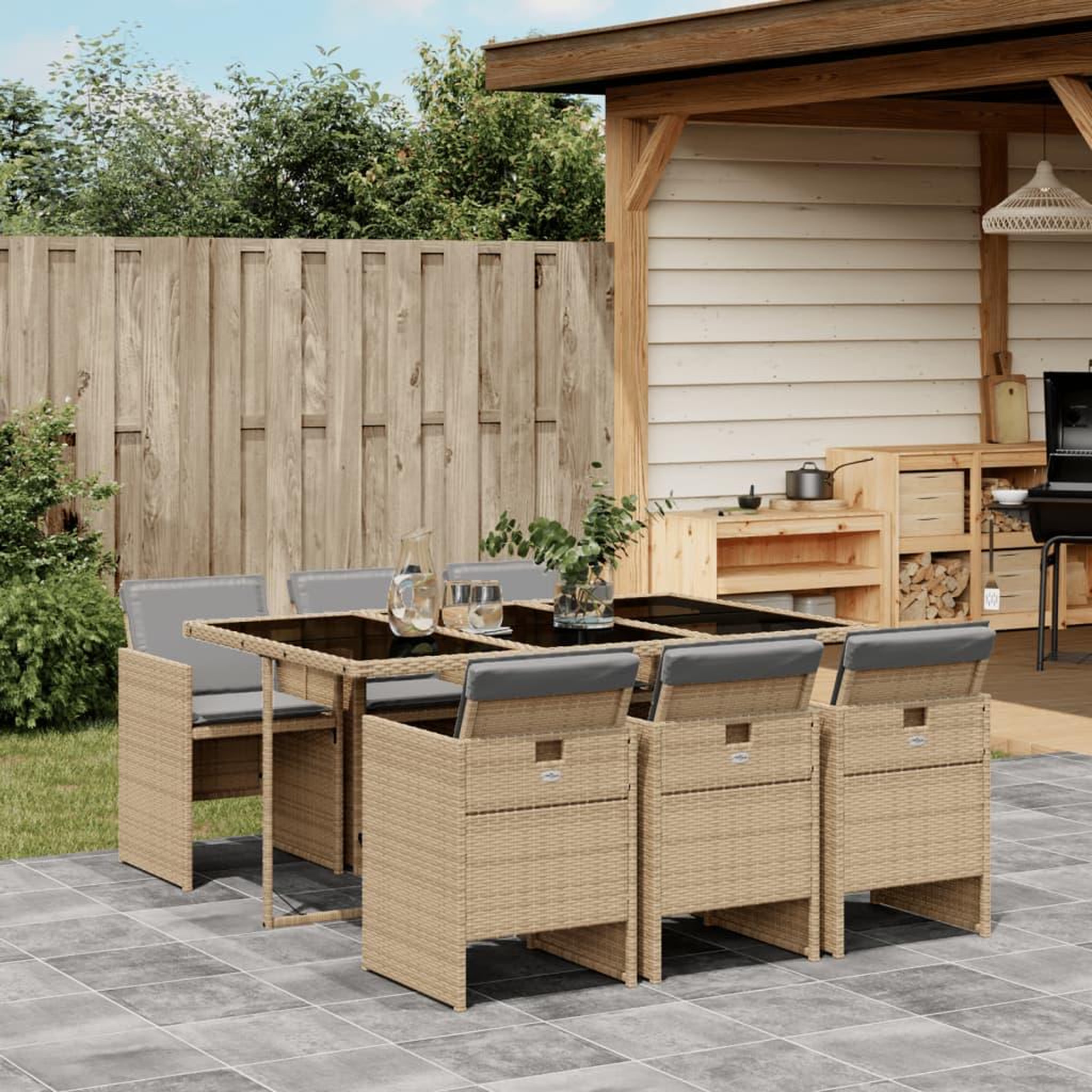 VIDAXL Ensemble a manger de jardin coussins 7 pcs melange beige rotin