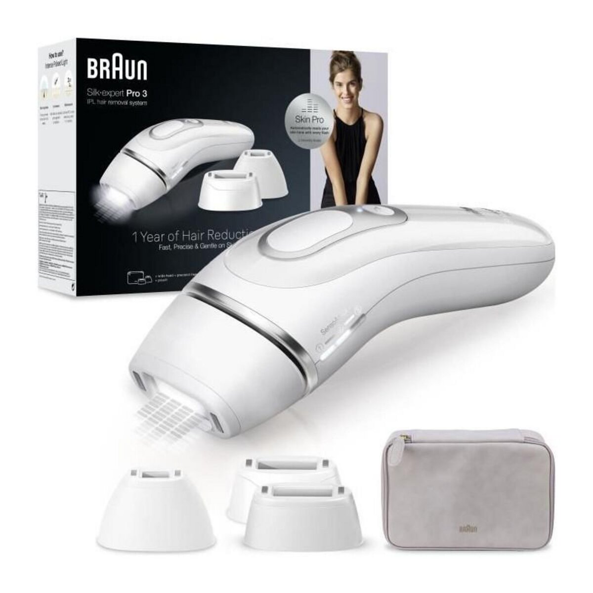 BRAUN Épilateur a Lumiere Pulsée - BRAUN - Silk·expert Pro 3 - Épilation des poils a la maison - Pochette - 3 Tetes - PL3230