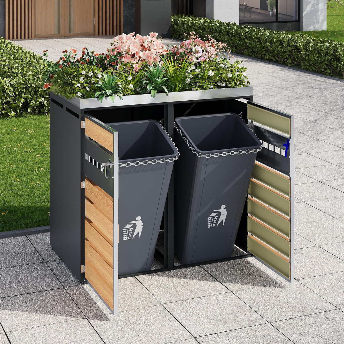 MERAX Cache Poubelle Extérieur 2 Bacs avec Bac à Plantes, Gris