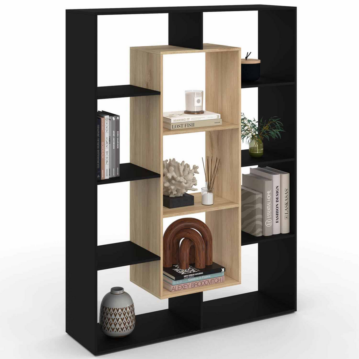 ID MARKET Etagère bibliothèque COLETTE avec 11 compartiments noir et effet bois H.143 cm