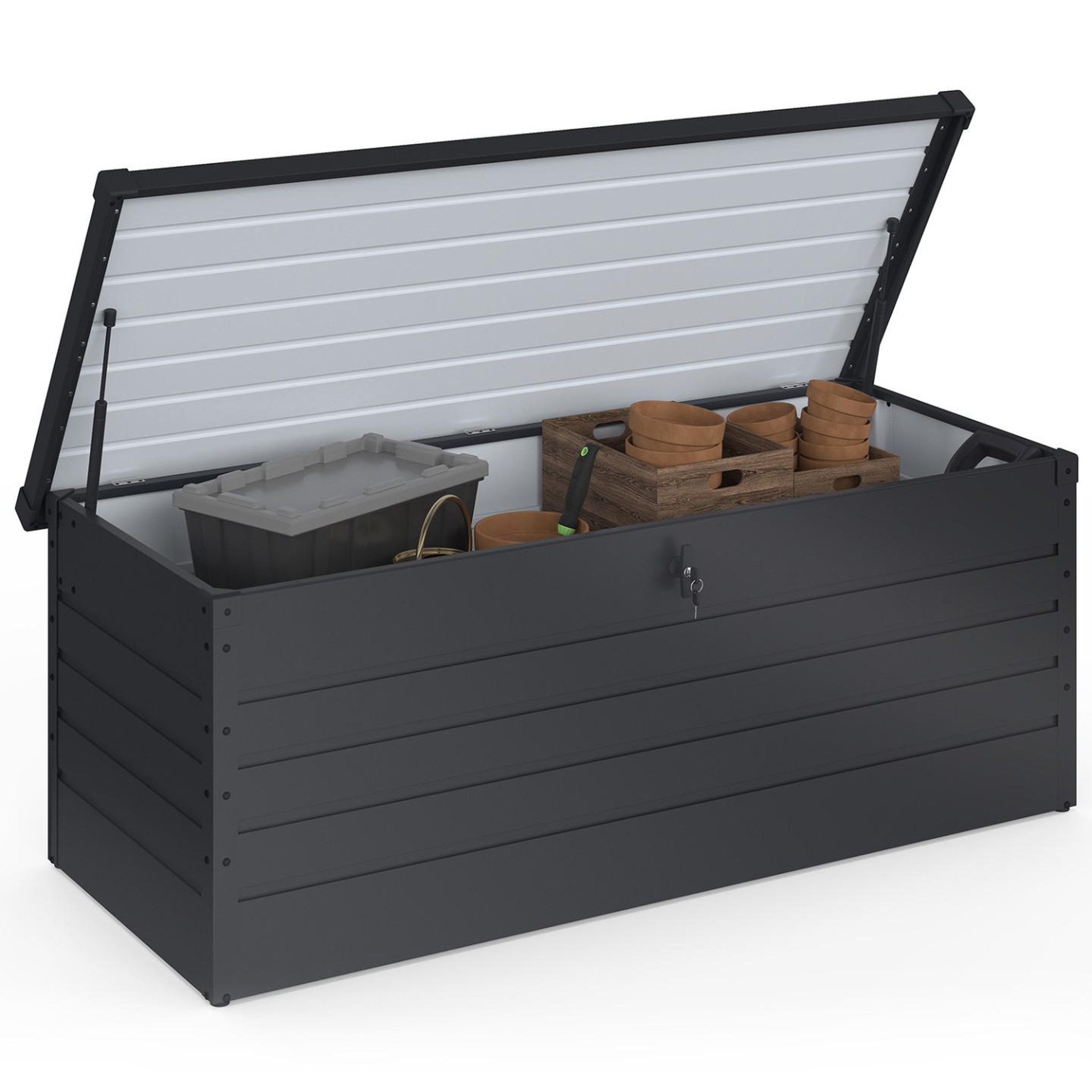 ID MARKET Coffre de rangement métal verrouillable gris anthracite pour jardin 600L 165x70x63 cm