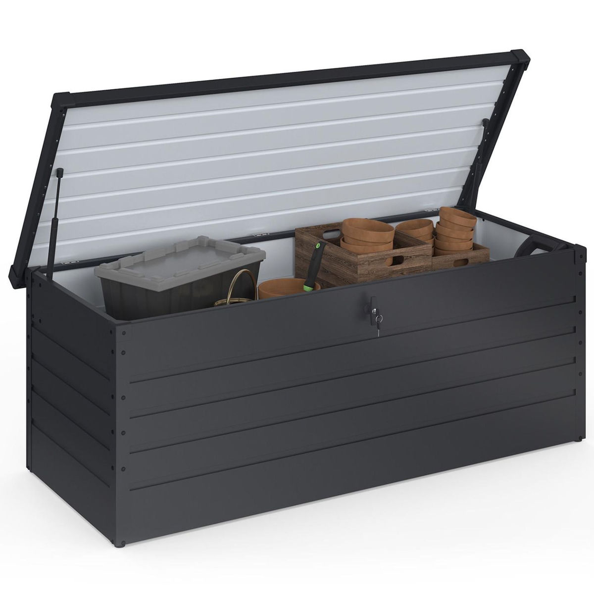 ID MARKET Coffre de rangement métal verrouillable gris anthracite pour jardin 600L 165x70x63 cm