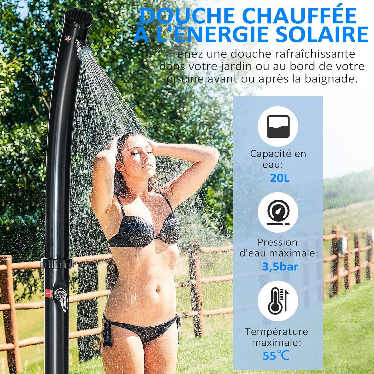 OUTSUNNY Douche solaire d'extérieur réservoir 20L pression max. 3,5 bar - mitigeur, grand pommeau orientable, robinet à pied - PVC ABS noir
