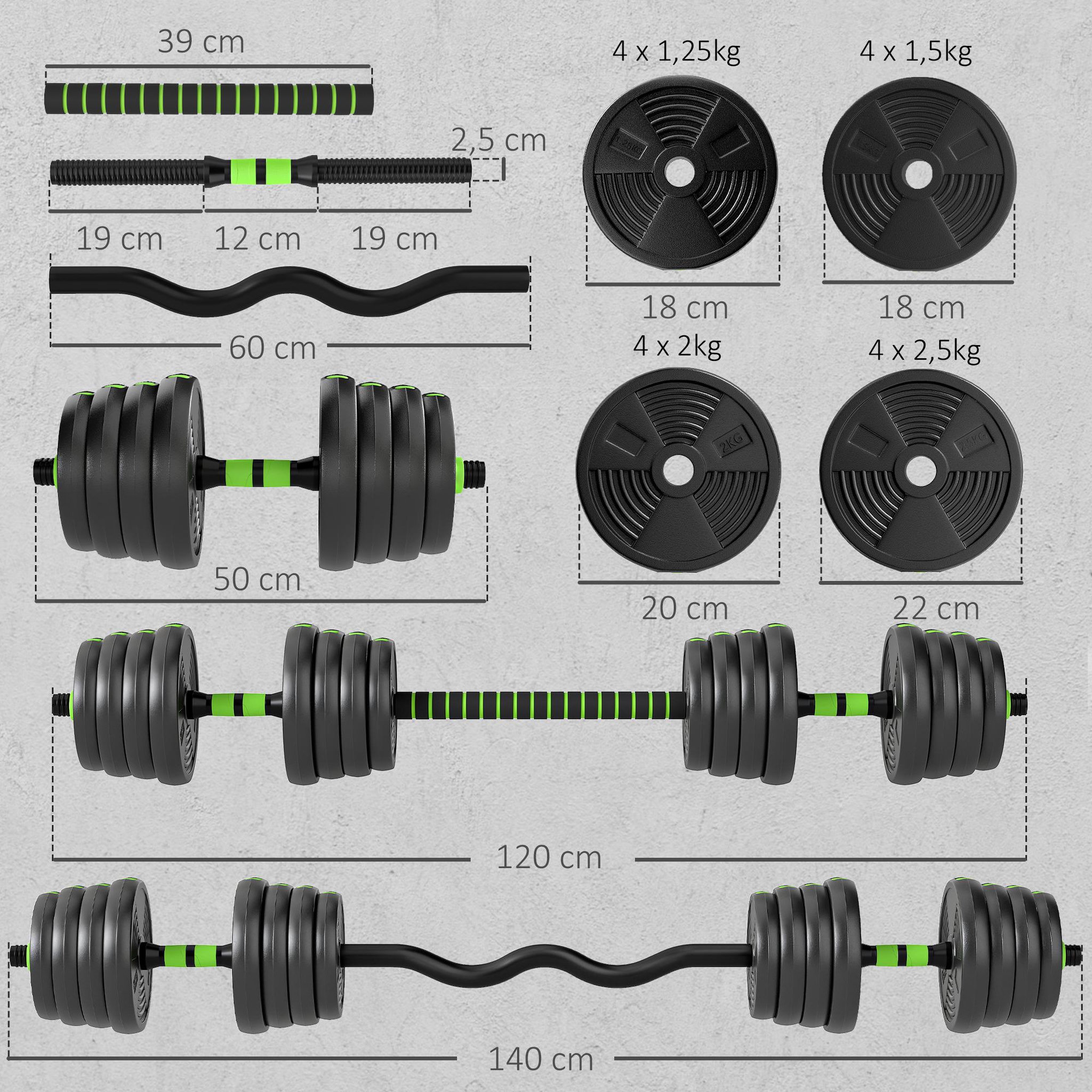 Voir la diapositive 3 : HOMCOM Ensemble d'haltères musculation multifonction 3 en 1 - haltères, olympic barre, curl ez barre - total 30kg - pvc vert noir