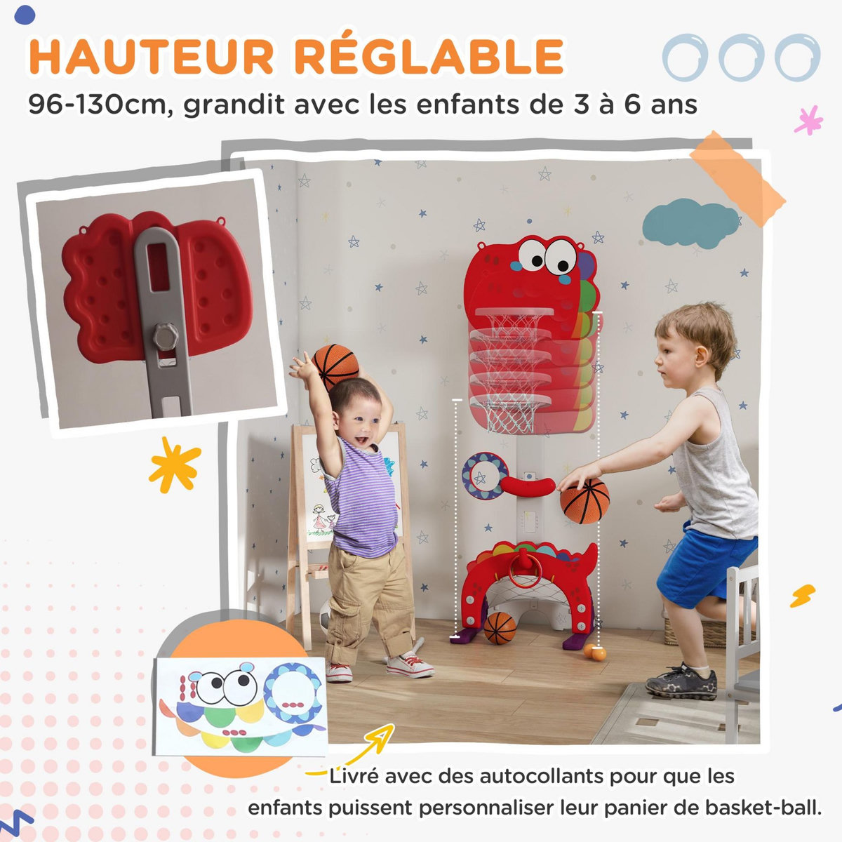HOMCOM Panier de basket enfant multifonction design dino 3-6 ans - but, golf, 2 jeux de lancer - hauteur réglable - HDPE gris rouge