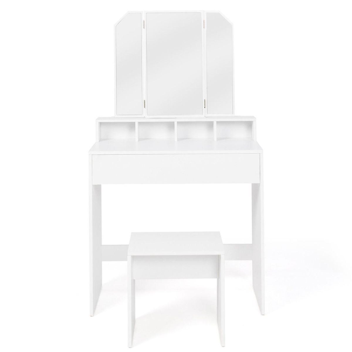 ID MARKET Coiffeuse ZELIA 3 miroirs avec 4 niches, 1 tiroir et tabouret