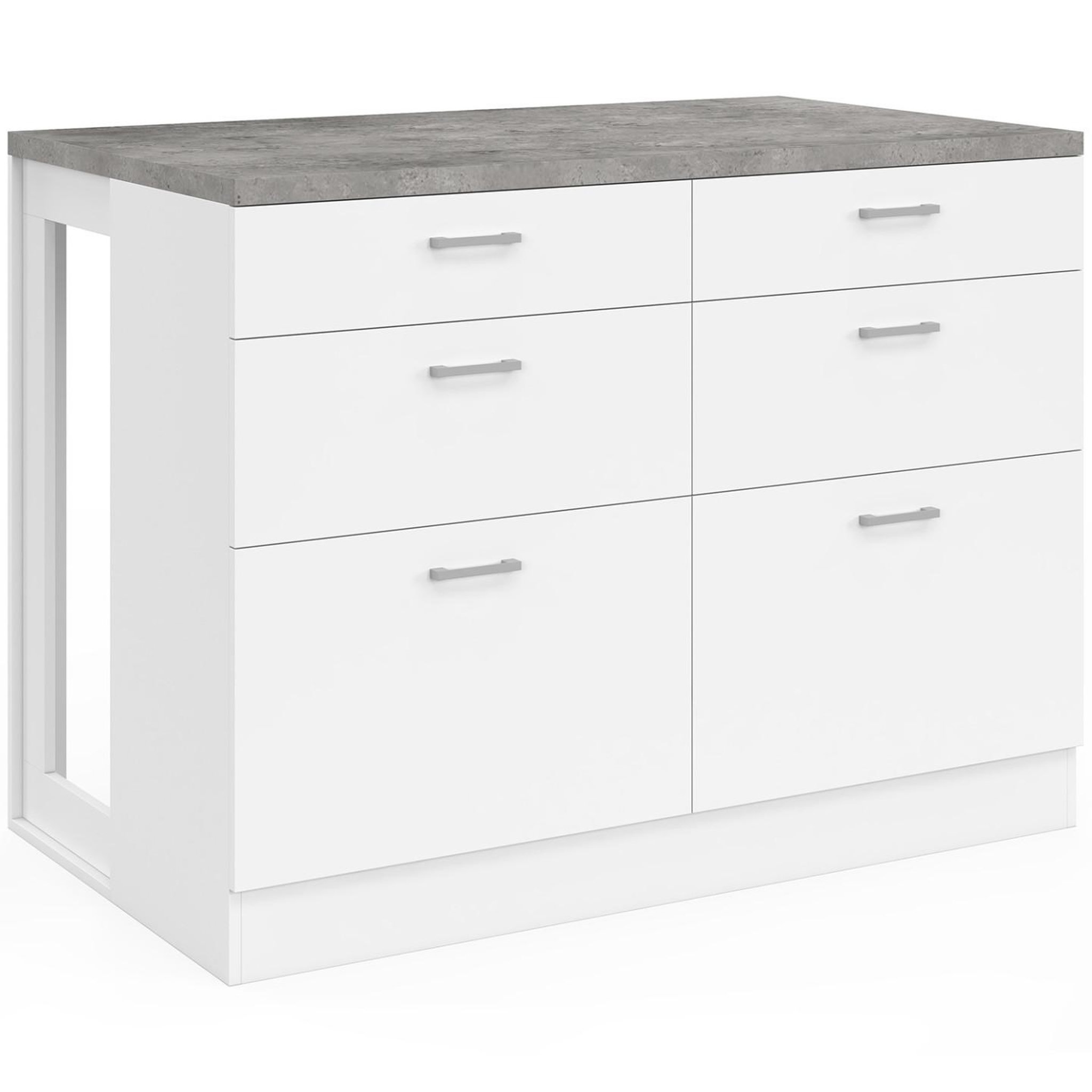 ID MARKET Ilot central mange-debout ORSO 120 cm casserolier 6 tiroirs blanc avec plan de travail effet béton