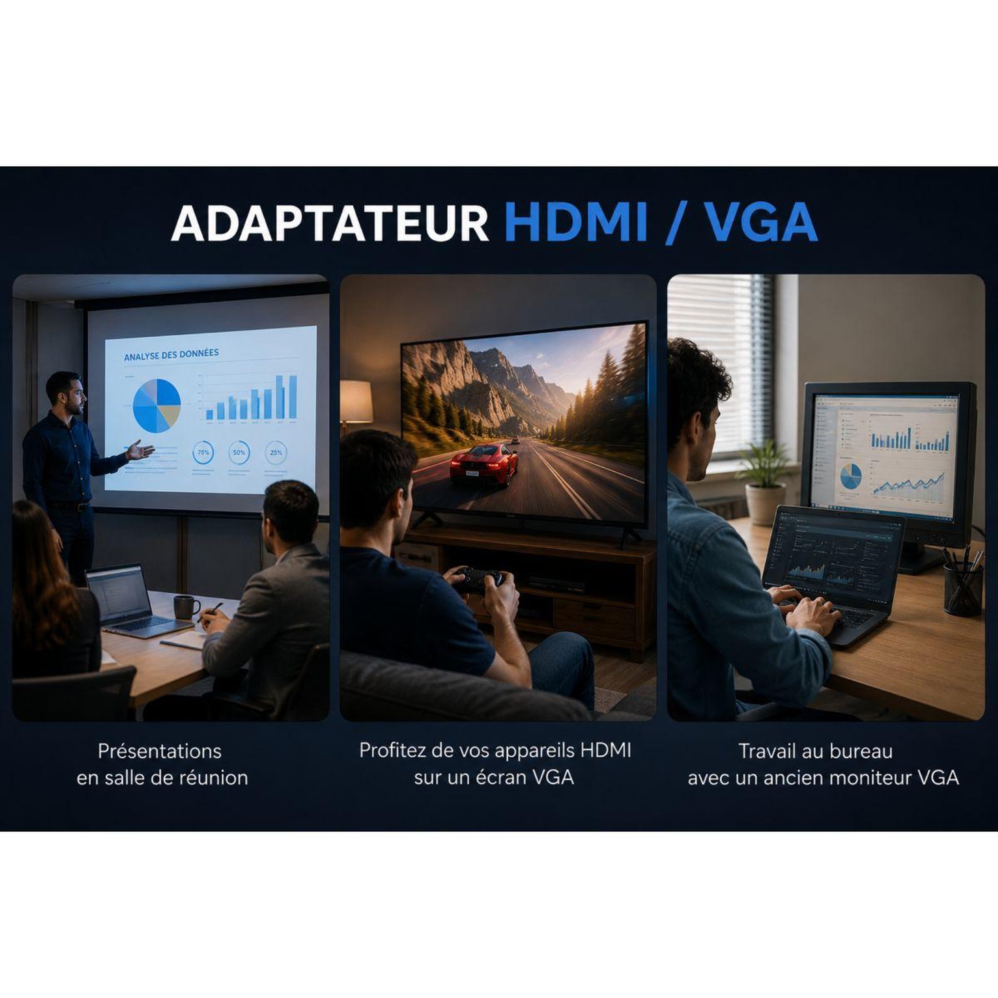 Voir la diapositive 3 : ESSENTIEL B Adaptateur HDMI/VGA HDMI-VGA Vidéo