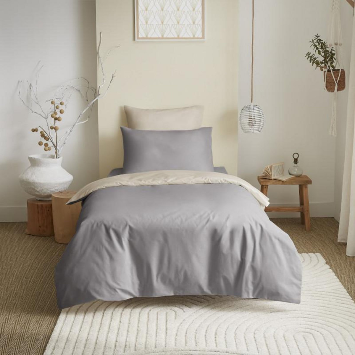 COTON PUR Pack complet 4 pièces Taupe/Lin réversible housse de couette pour lit 90 x 190 cm