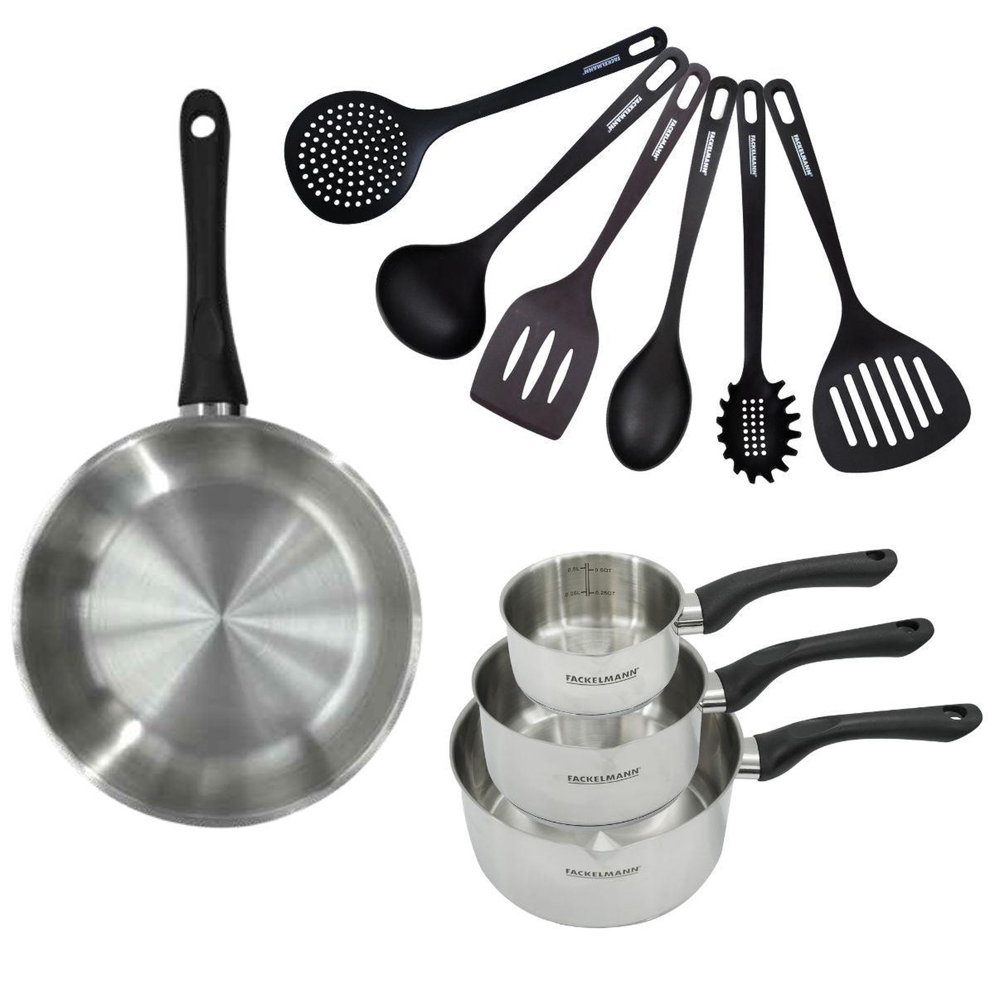 Fackelmann Set 1 poêle 28 cm 3 casseroles 12 16 et 20 cm en inox et 6 ustensiles fackelmann geneva