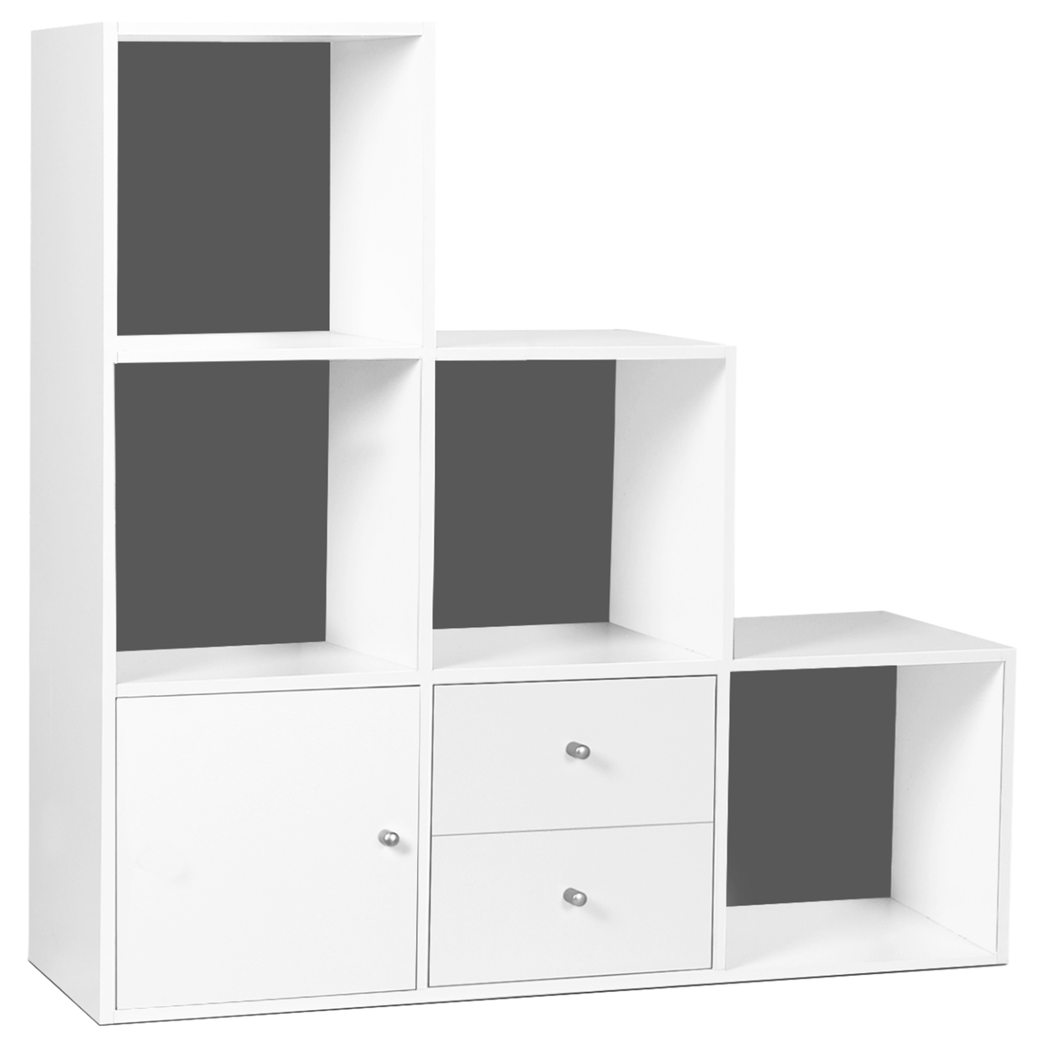 ID MARKET Meuble de rangement en escalier LIAM 3 niveaux bois blanc fond gris avec porte et tiroirs