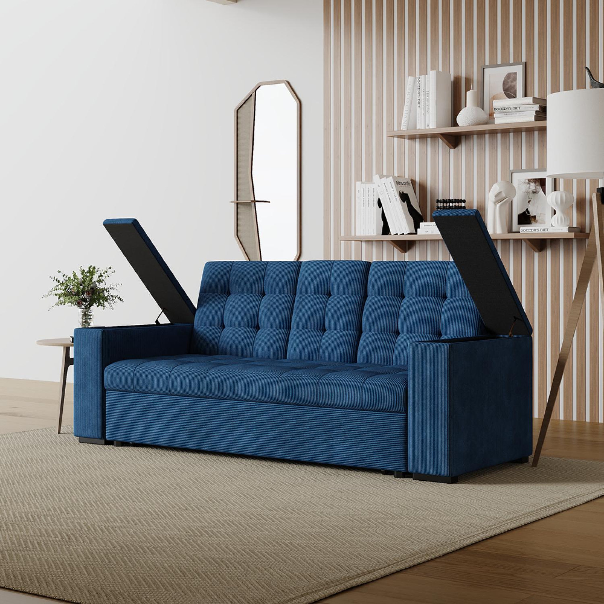 Voir la diapositive 4 : CONCEPT USINE Canapé 3 places convertibles bleu velours côtelé noho