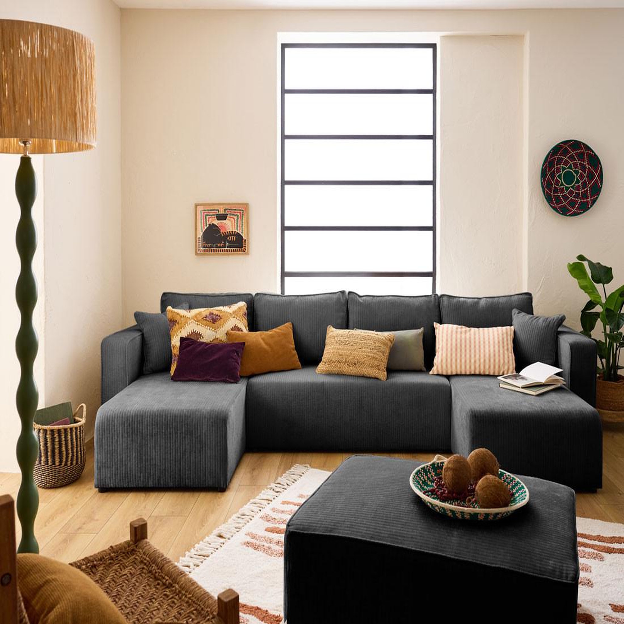 Voir la diapositive 2 : BEST MOBILIER Topaze - canapé panoramique en u - 7 places - convertible avec coffre - en velours côtelé plat