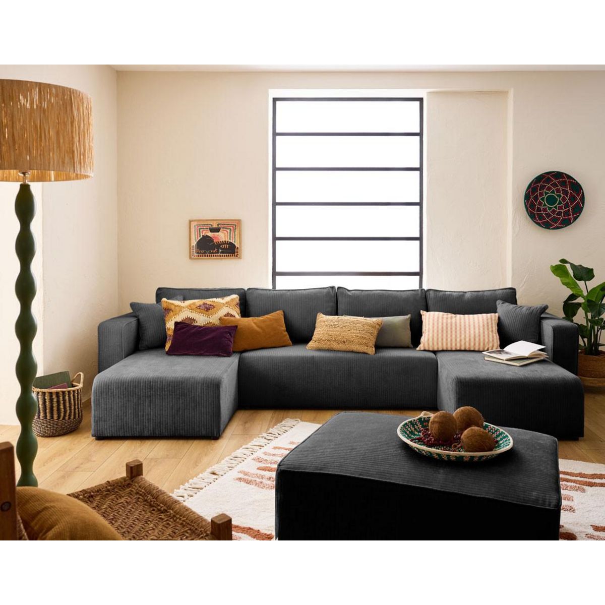 BEST MOBILIER Topaze - canapé panoramique en u - 7 places - convertible avec coffre - en velours côtelé plat