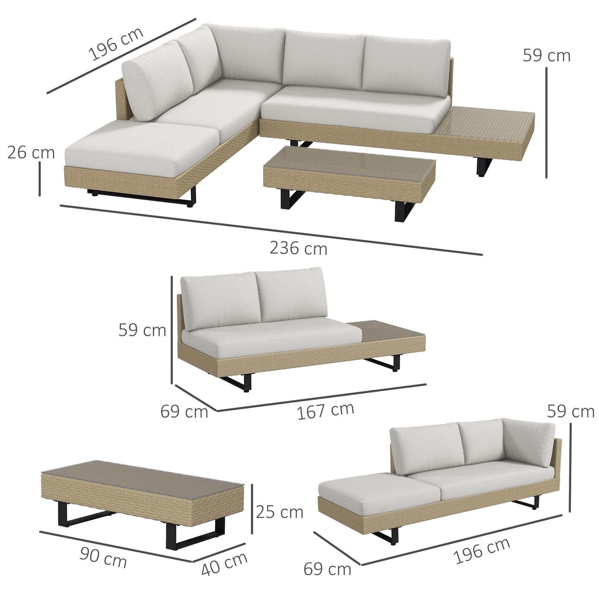 Voir la diapositive 3 : OUTSUNNY Ensemble salon de jardin d'angle 5 places design contemporain coussins déhoussables table basse acier époxy résine tressée beige