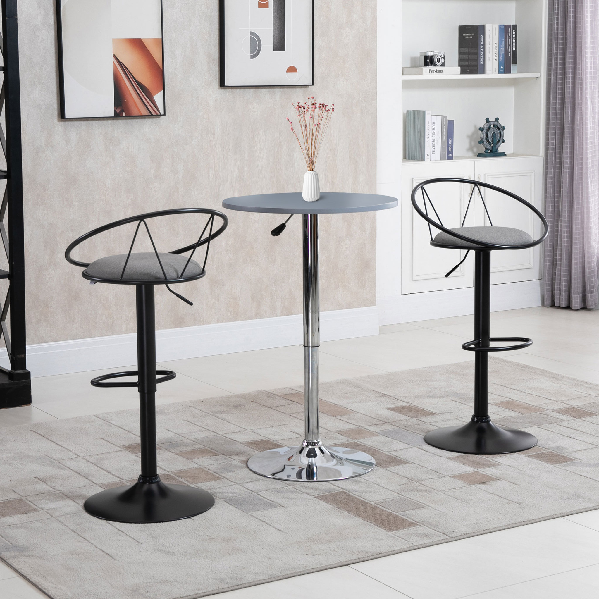 Voir la diapositive 2 : HOMCOM Lot de 2 tabourets de bar design néo-rétro réglable pivotant avec repose-pied métal noir lin gris
