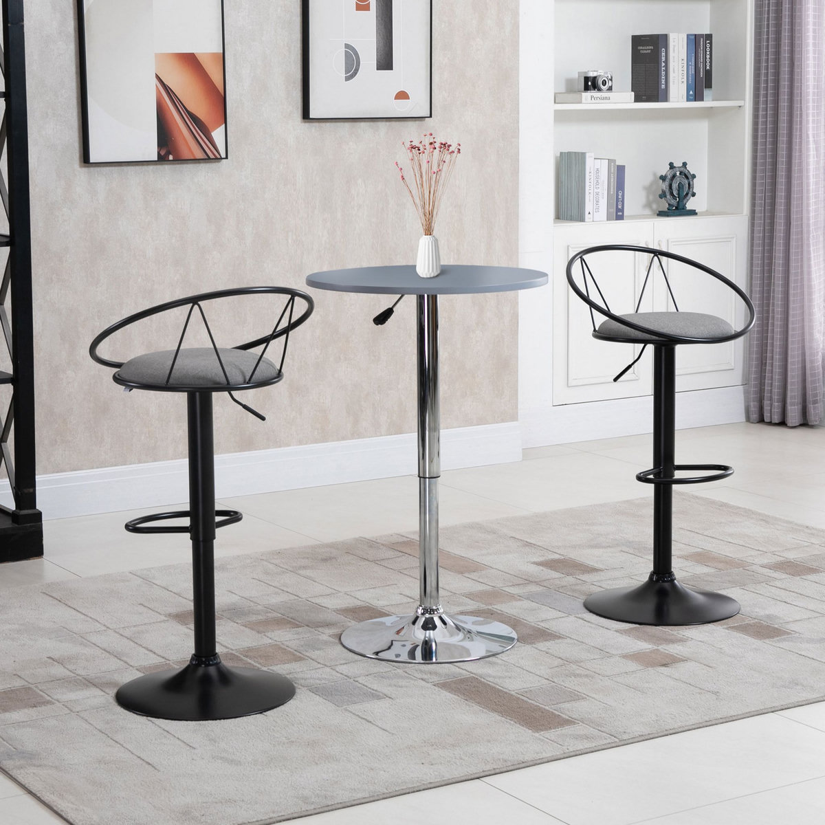 HOMCOM Lot de 2 tabourets de bar design néo-rétro réglable pivotant avec repose-pied métal noir lin gris
