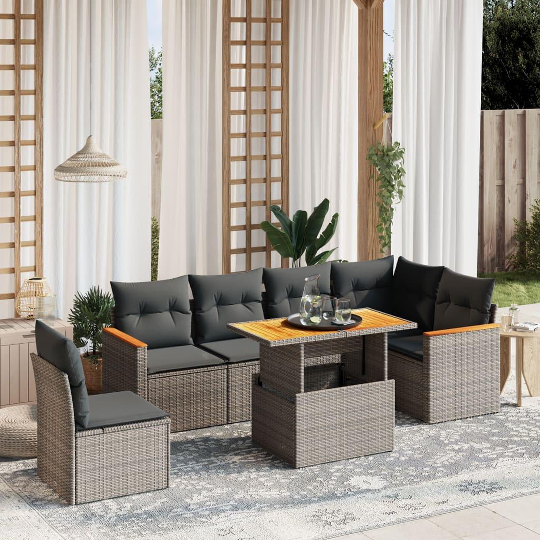 VIDAXL Salon de jardin avec coussins 7 pcs gris resine tressee