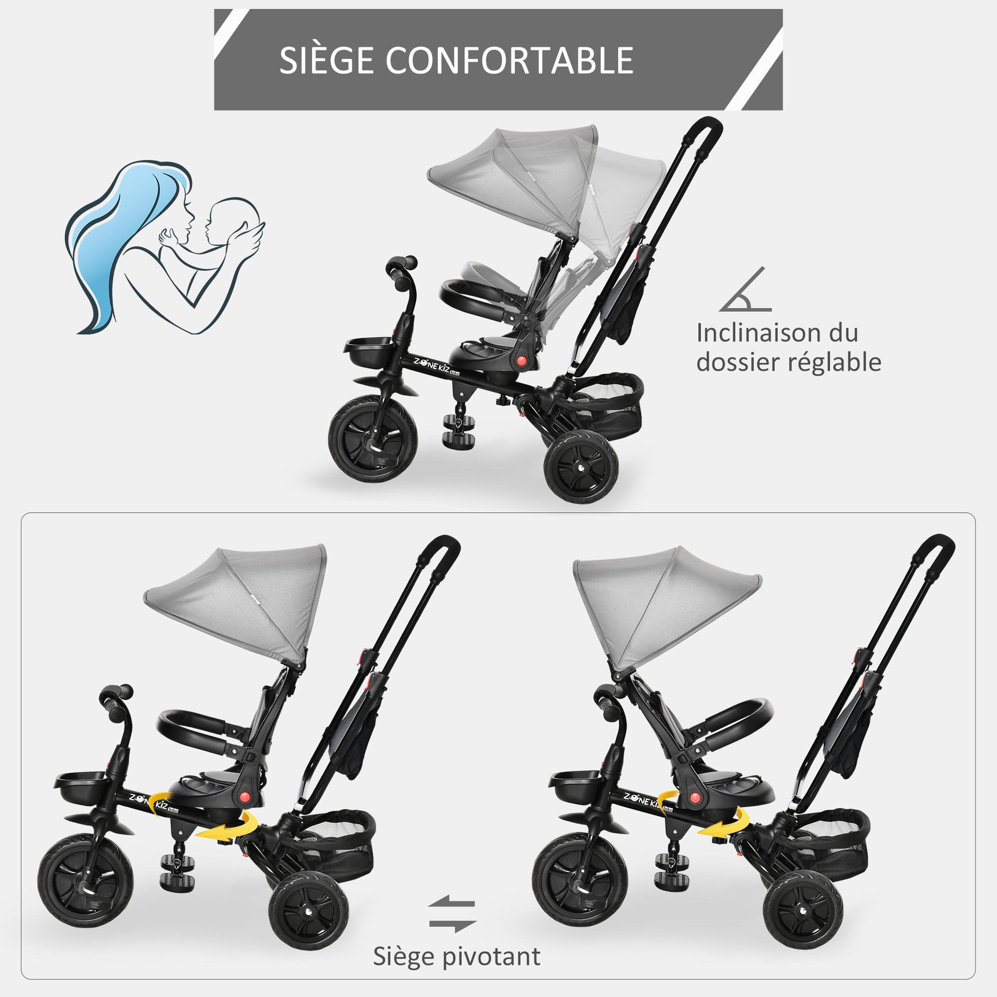 Voir la diapositive 5 : HOMCOM Tricycle enfant évolutif pliable - pare-soleil, canne télescopique amovible - siège pivotant, harnais, arceau sécurité - repose-pied - 3 paniers rangement - métal PP gris noir