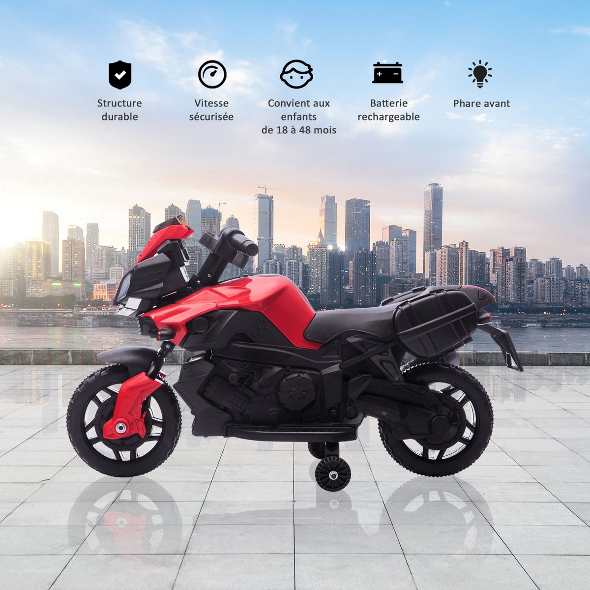 HOMCOM Moto électrique enfant 6 V 3 Km/h effet lumineux et sonore roulettes amovibles repose-pied valises latérales métal PP rouge noir