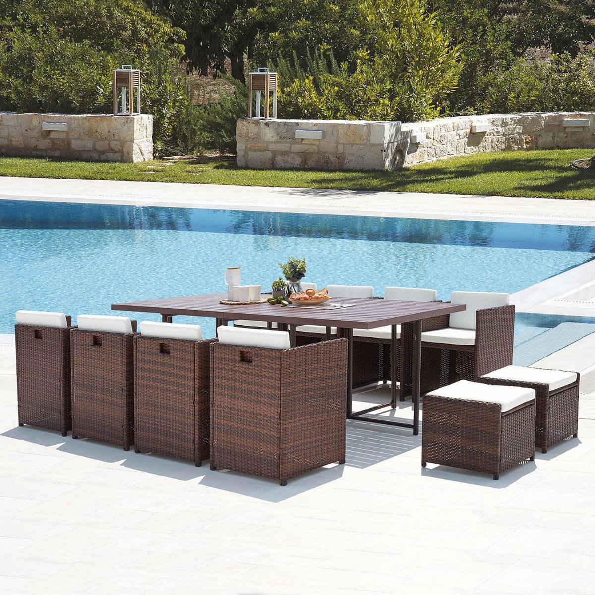 CONCEPT USINE Table et chaise 12 places encastrables alu résine marron-blanc SUNSET