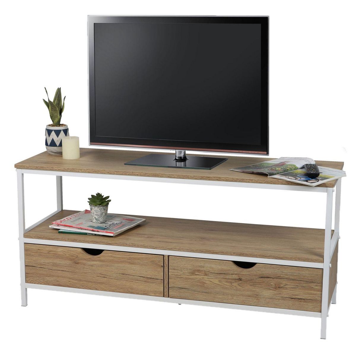 TOILINUX Meuble TV Casa Blanca en Panneaux de particules et Métal 2 tiroirs - L.120 cm x H.57 cm - Beige et Blanc