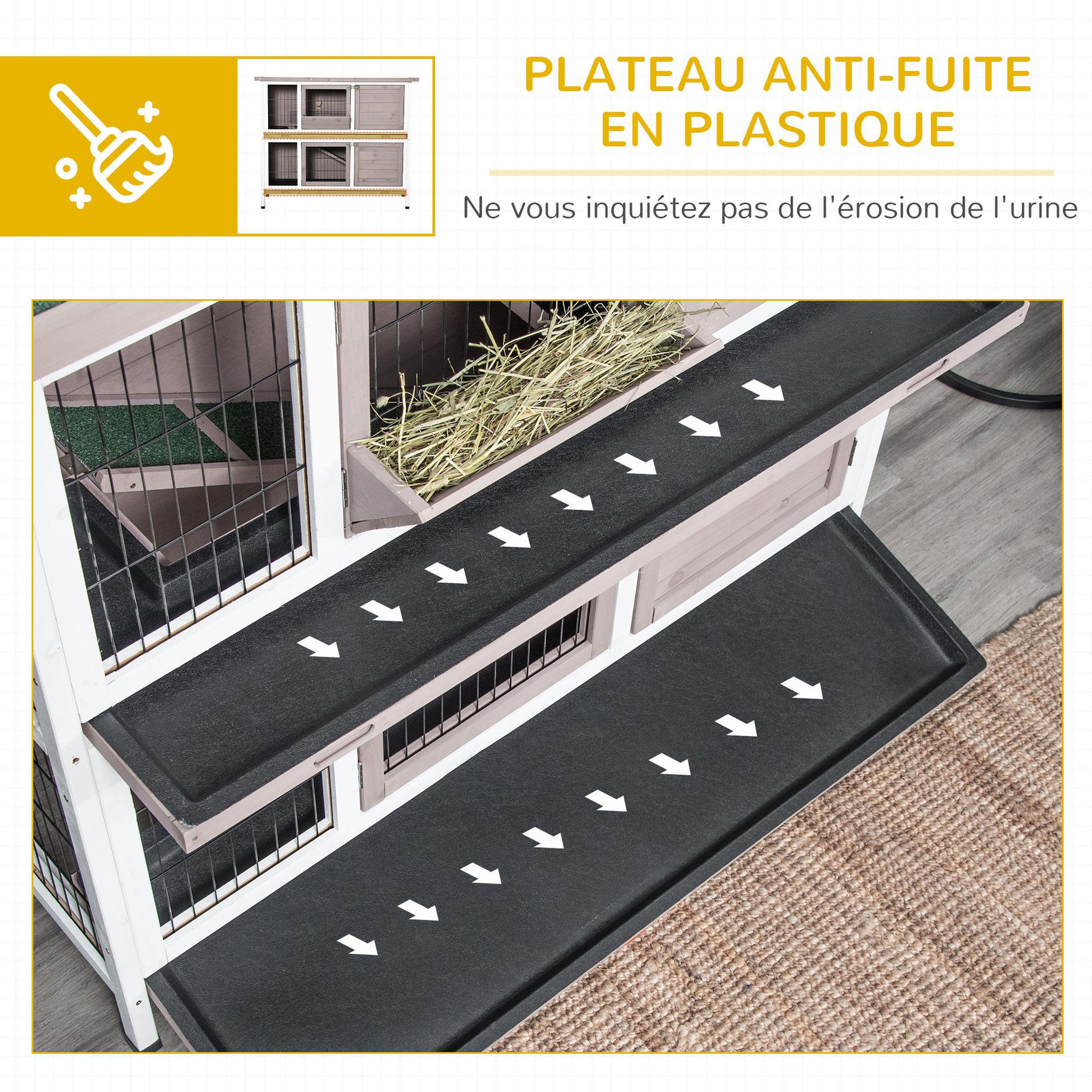 Voir la diapositive 6 : PAWHUT Clapier à lapin cage à lapin 2 étages trappe de séparation amovible 4 portes verrouillables 2 plateaux coulissants rampe toit ouvrant bois de sapin gris blanc
