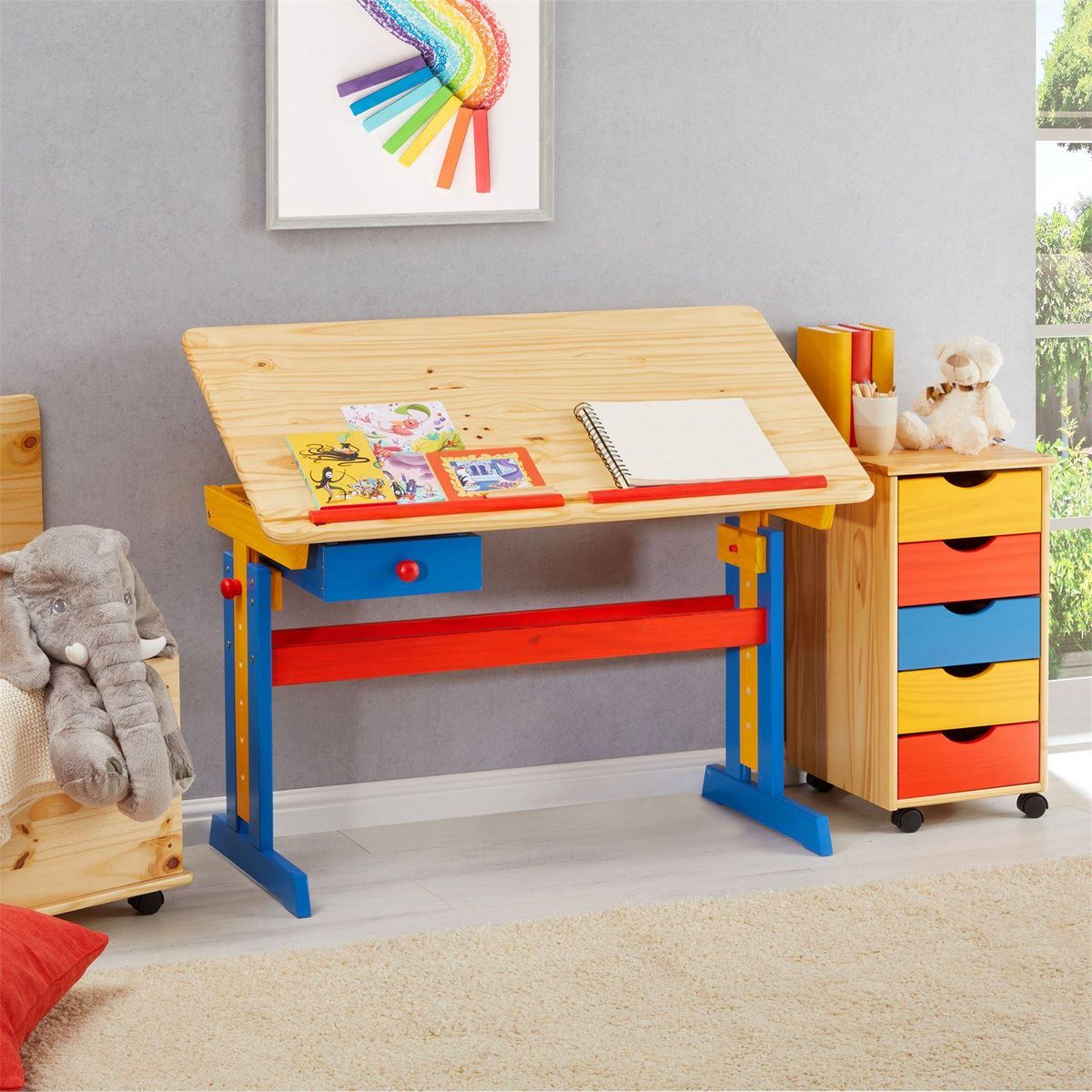 IDIMEX Bureau enfant FLEXI, en pin massif, réglable en hauteur et plateau inclinable