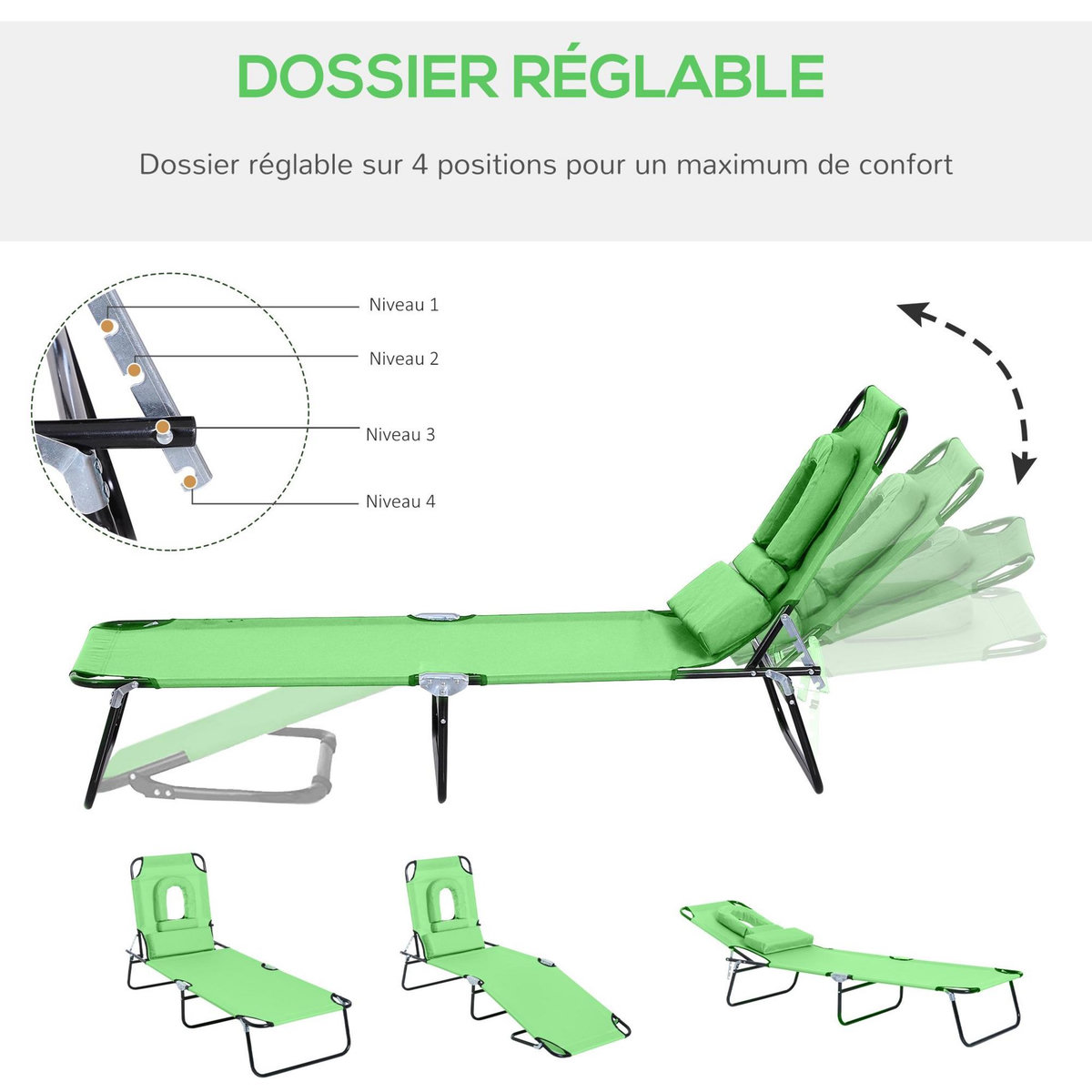 OUTSUNNY Bain de soleil pliable transat inclinable 4 positions chaise longue de lecture 3 coussins fournis vert