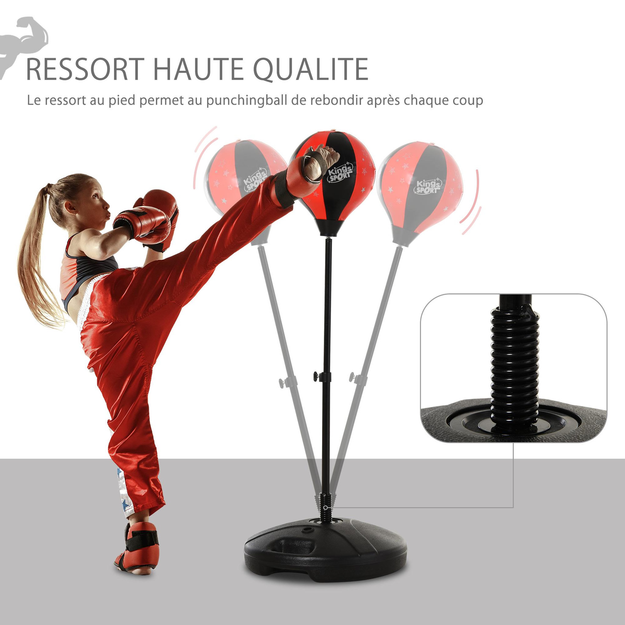 Voir la diapositive 6 : HOMCOM Punching ball sur pied pour enfant hauteur réglable 78-120 cm base de lestage paire gants inclus rouge noir