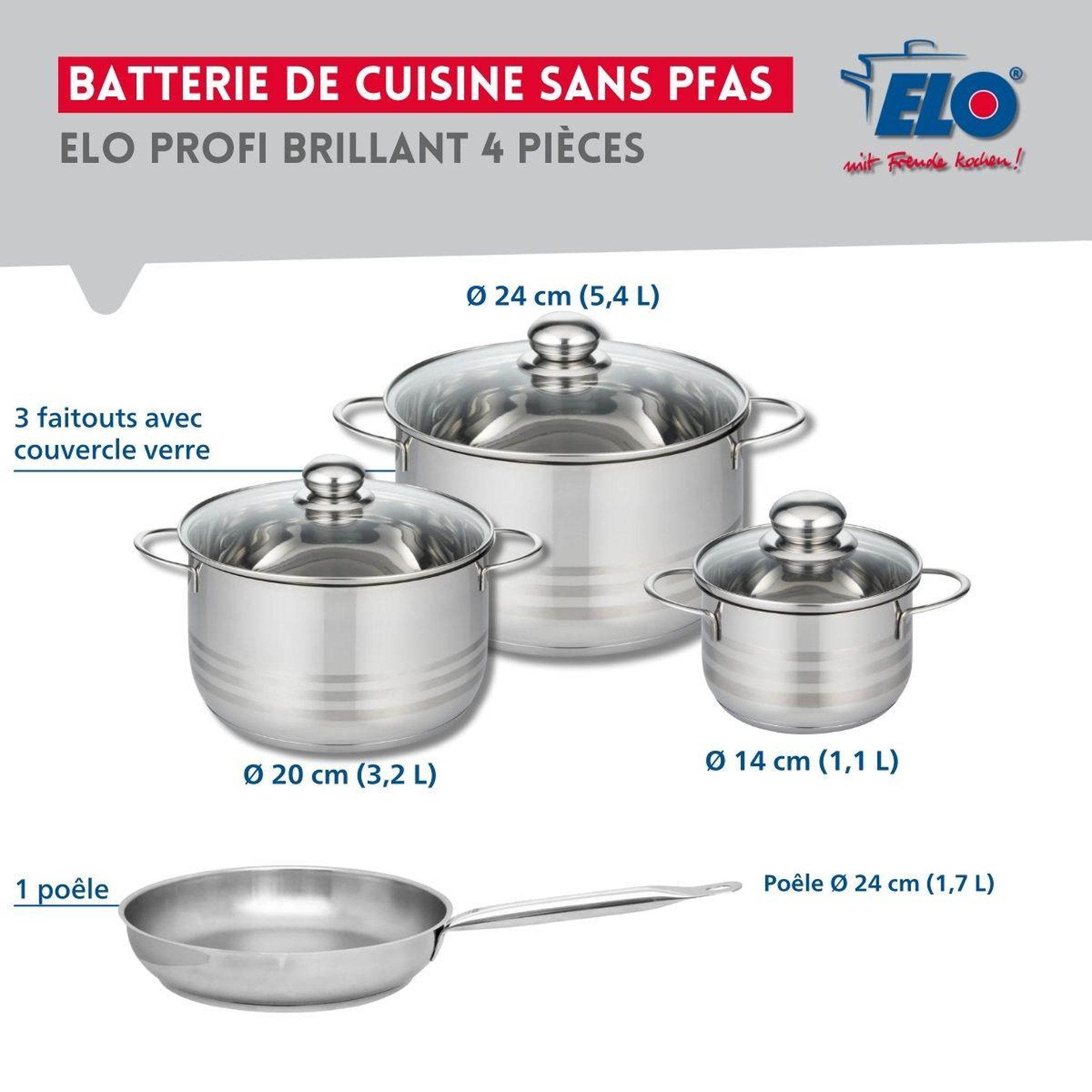 Voir la diapositive 2 : ELO Ensemble de 1 poêle de cuisson 24 cm et 3 faitouts 14, 20 et 24 cm elo profi brillant