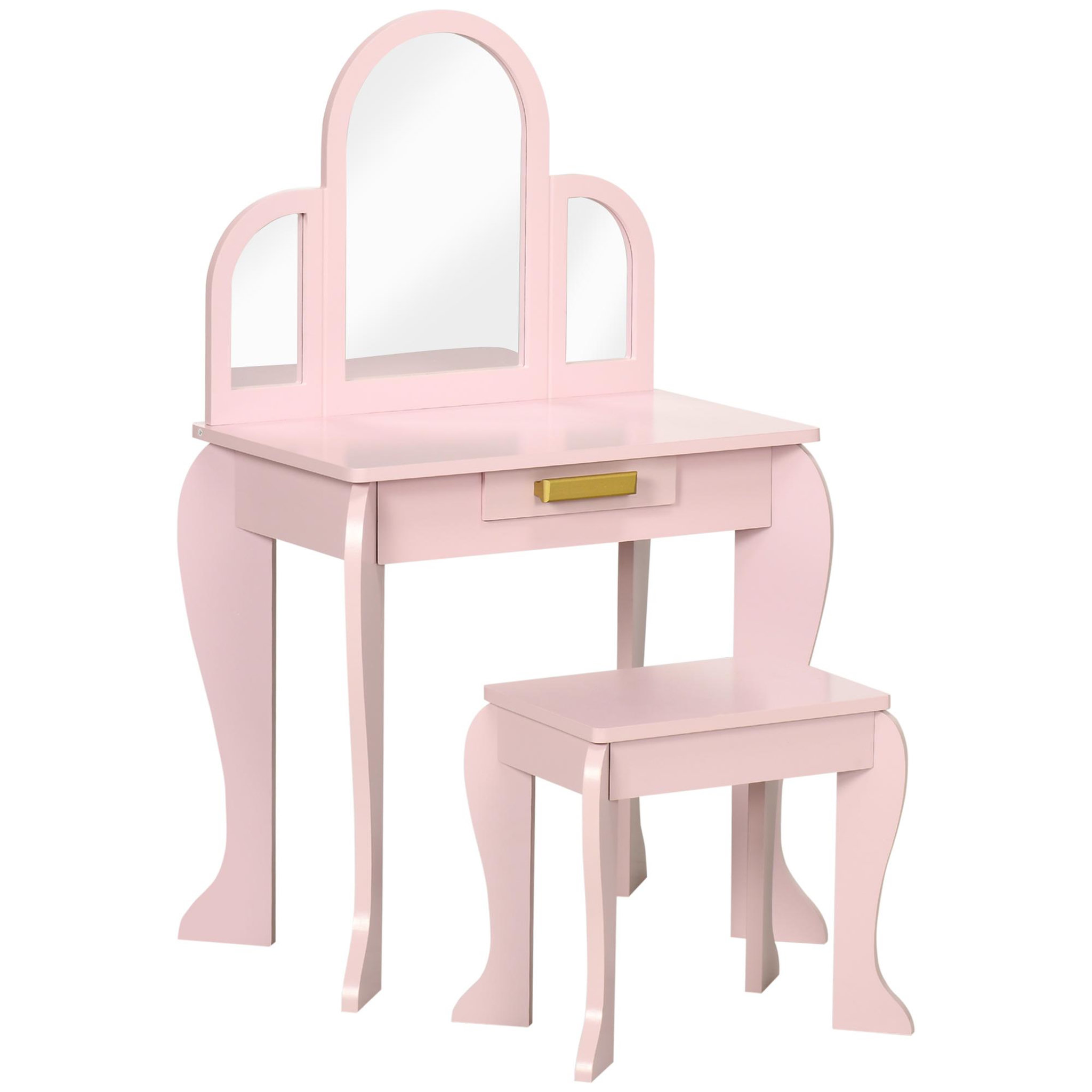 Voir la diapositive 1 : HOMCOM Coiffeuse enfant design girly - tabouret inclus - dim. 52L x 32l x 85H cm - tiroir, 3 miroirs - MDF bois de pin - rose poudré