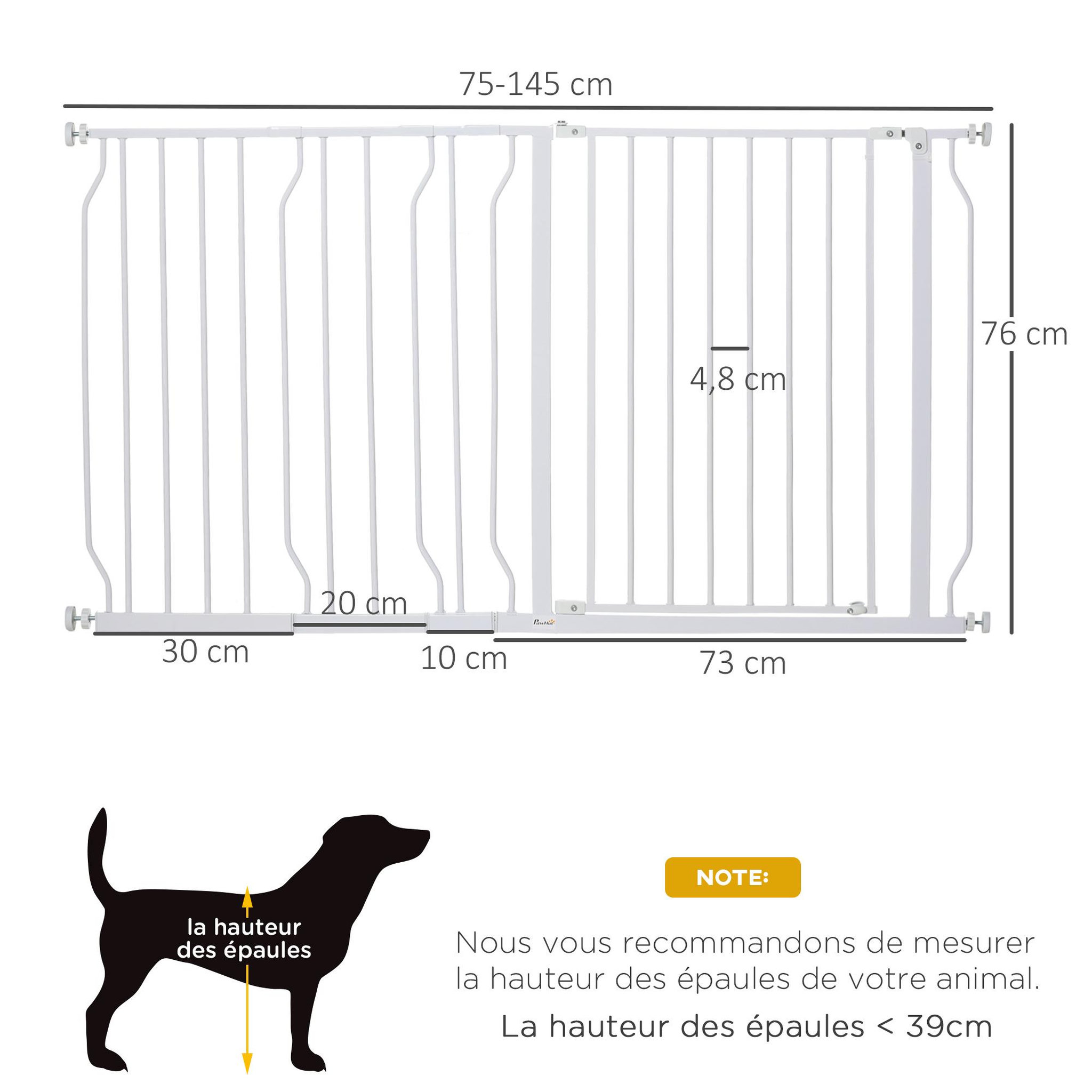 Voir la diapositive 3 : PAWHUT Barrière de sécurité animaux - longueur réglable dim. 75-145 cm - porte double verrouillage, ouverture double sens -sans perçage - acier abs blanc