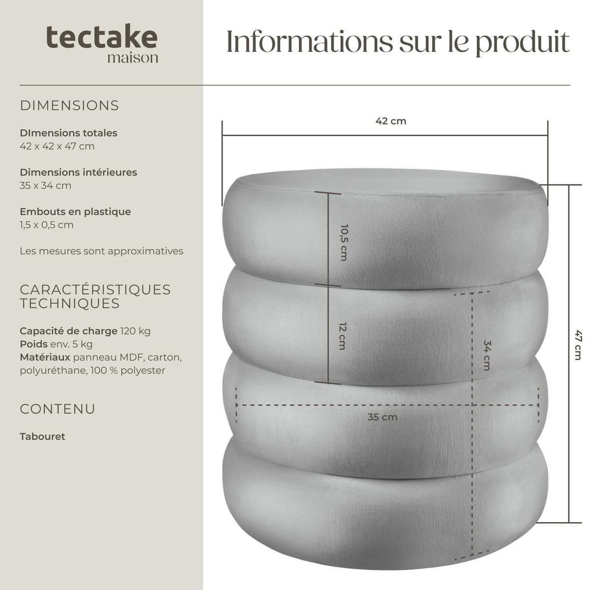 tectake Tabouret avec espace de rangement rond Aspect velours gris