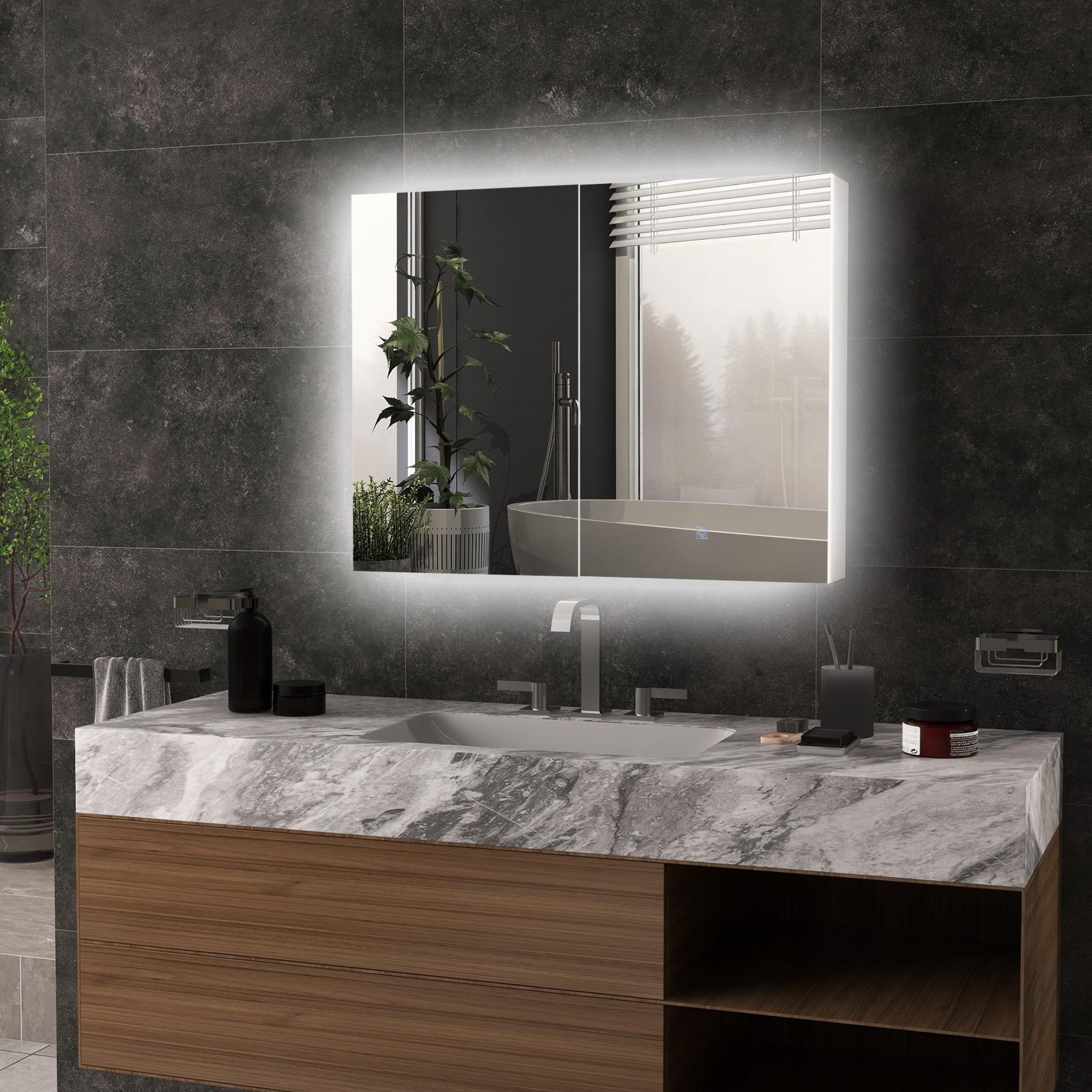 Voir la diapositive 2 : KLEANKIN Armoire miroir led de salle de bain - 2 portes, 2 étagères - tactile, lumière réglable - mdf blanc laqué verre