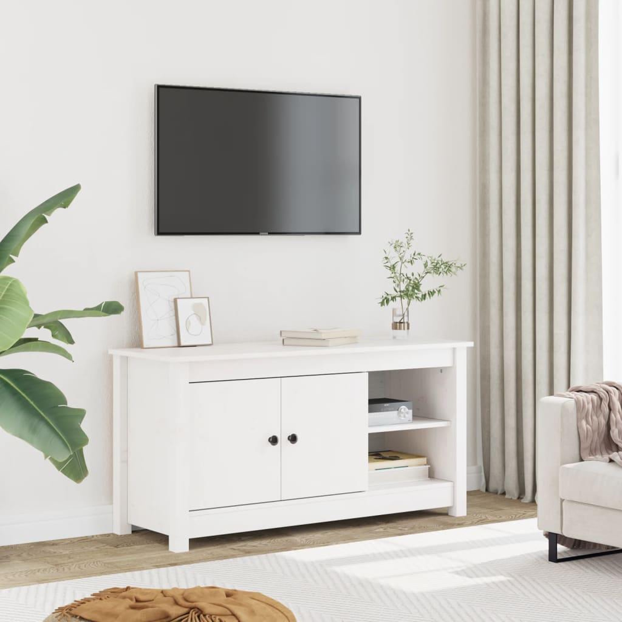 Voir la diapositive 1 : VIDAXL Meuble TV Blanc 103x36,5x52 cm Bois de pin massif