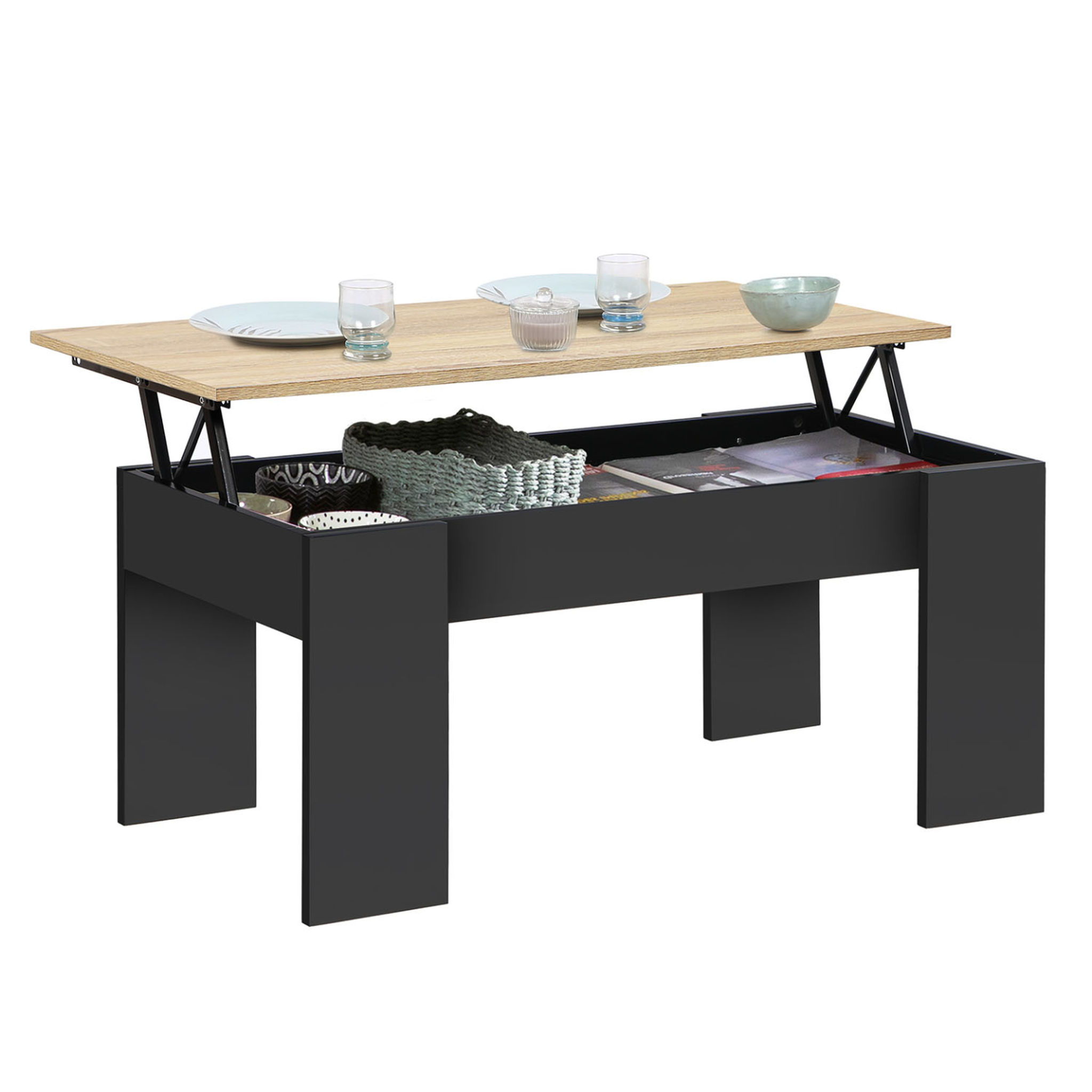 ID MARKET Table basse plateau relevable rectangulaire tara bois noir et imitation hêtre