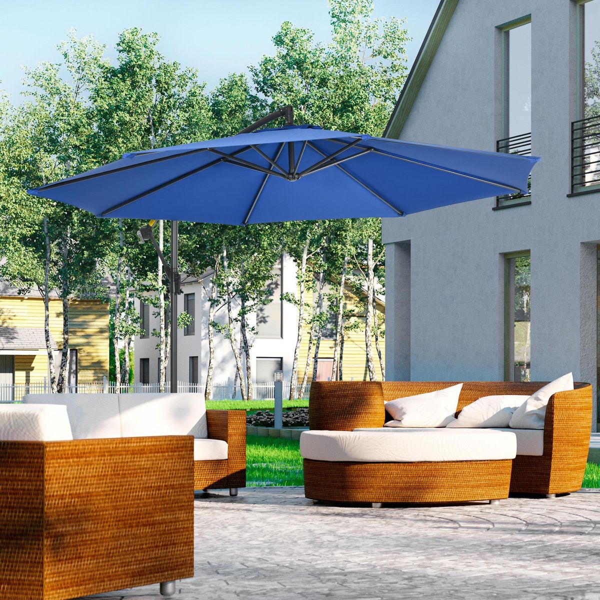 OUTSUNNY Parasol déporté octogonal inclinable rabattable diamètre 2,97 m parasol de jardin avec pied en croix bleu
