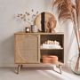 Voir la diapositive 3 : SWEEEK Buffet de rangement décor bois cannage arrondis. Eva. 1 portes réversible. deux niveaux. buffet bas.  L80 x l39 x H65.8cm
