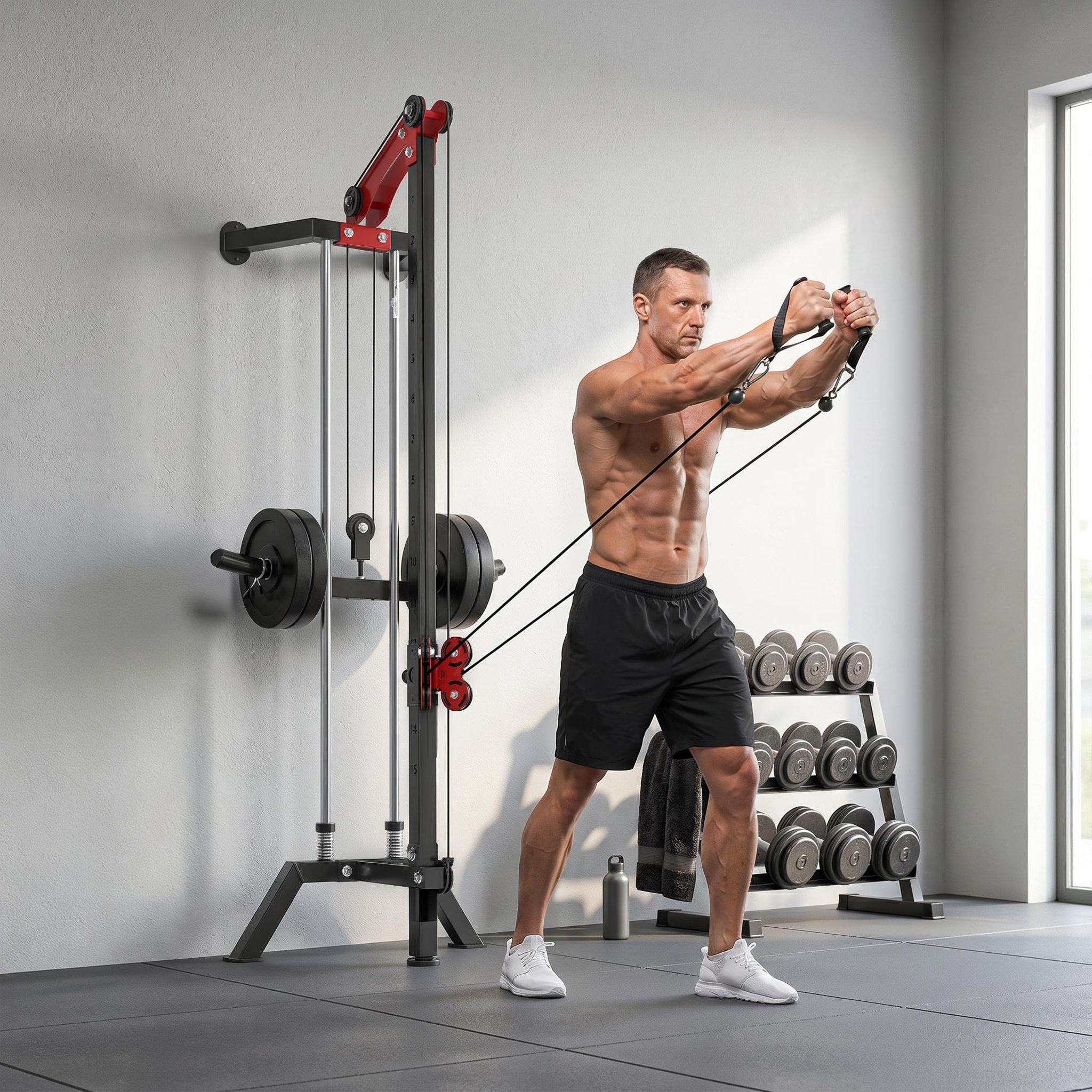 Voir la diapositive 4 : HOMCOM Machine à poulie musculation réglable 16 positions contrepoids max. 60 kg