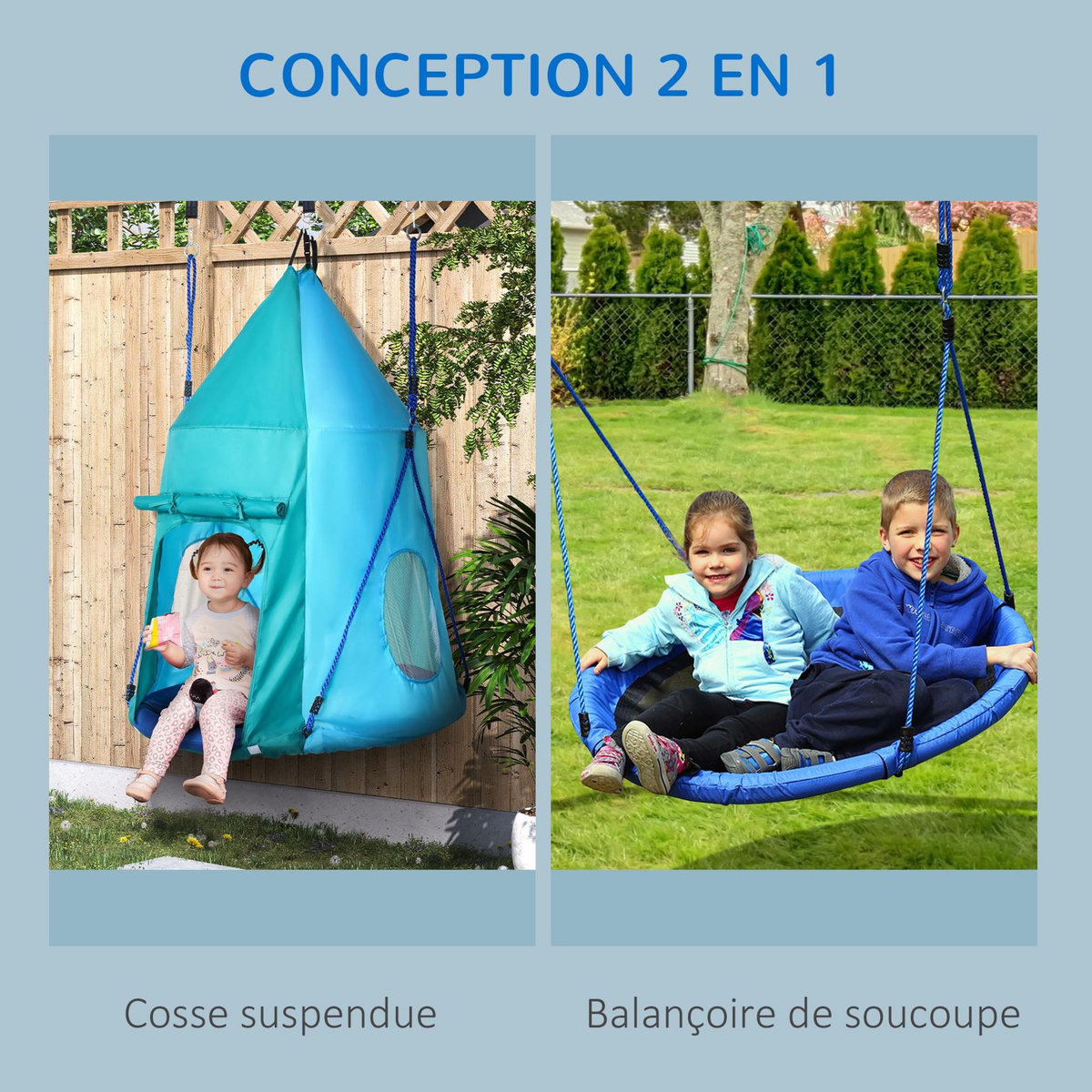 OUTSUNNY Balançoire nid d'oiseau ronde balançoire panier Ø 1,1 x 1,5H m - tente amovible incluse - accessoires inclus bleu