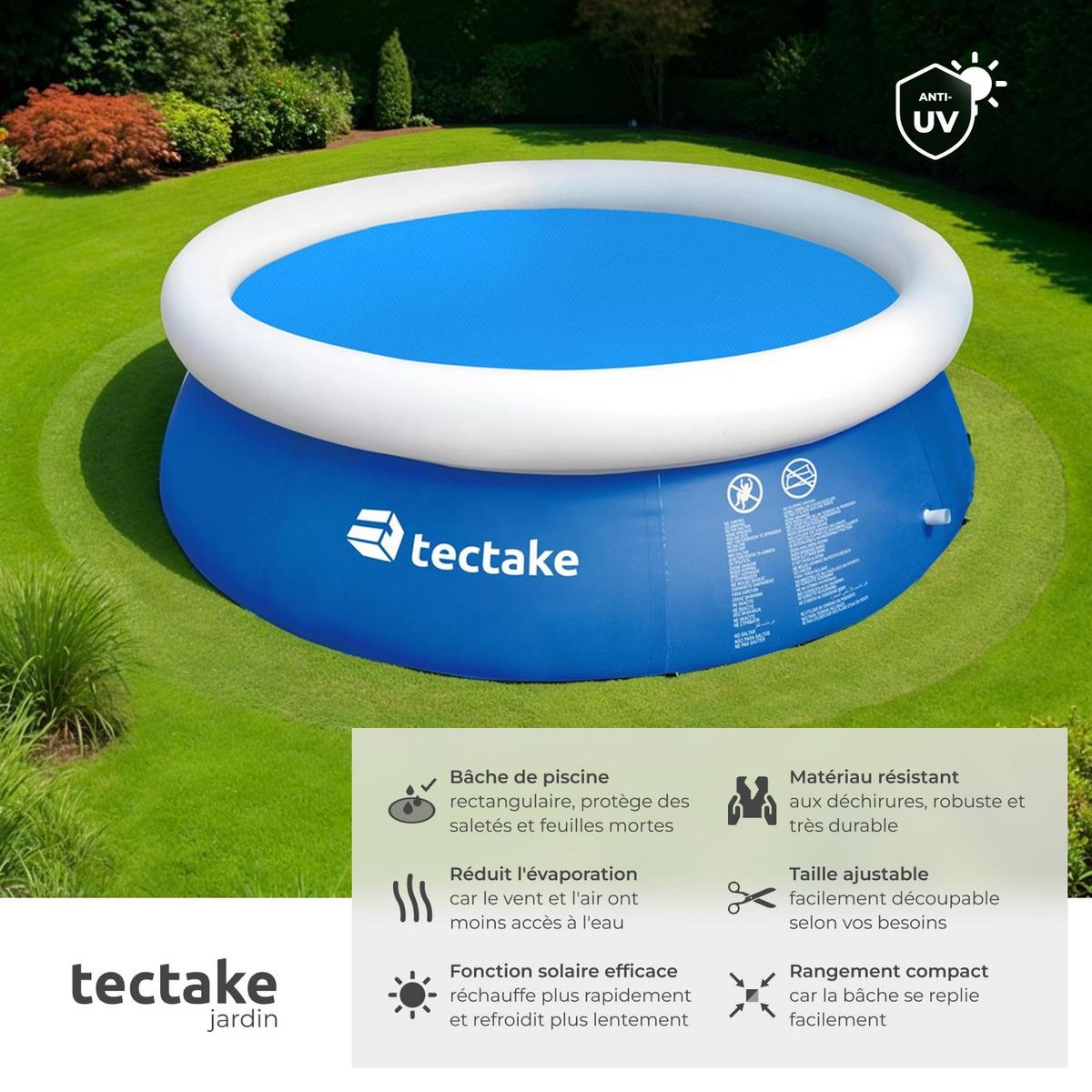tectake Bâche de piscine Rectangulaire et Auto-flottant bleu Ø 455 cm