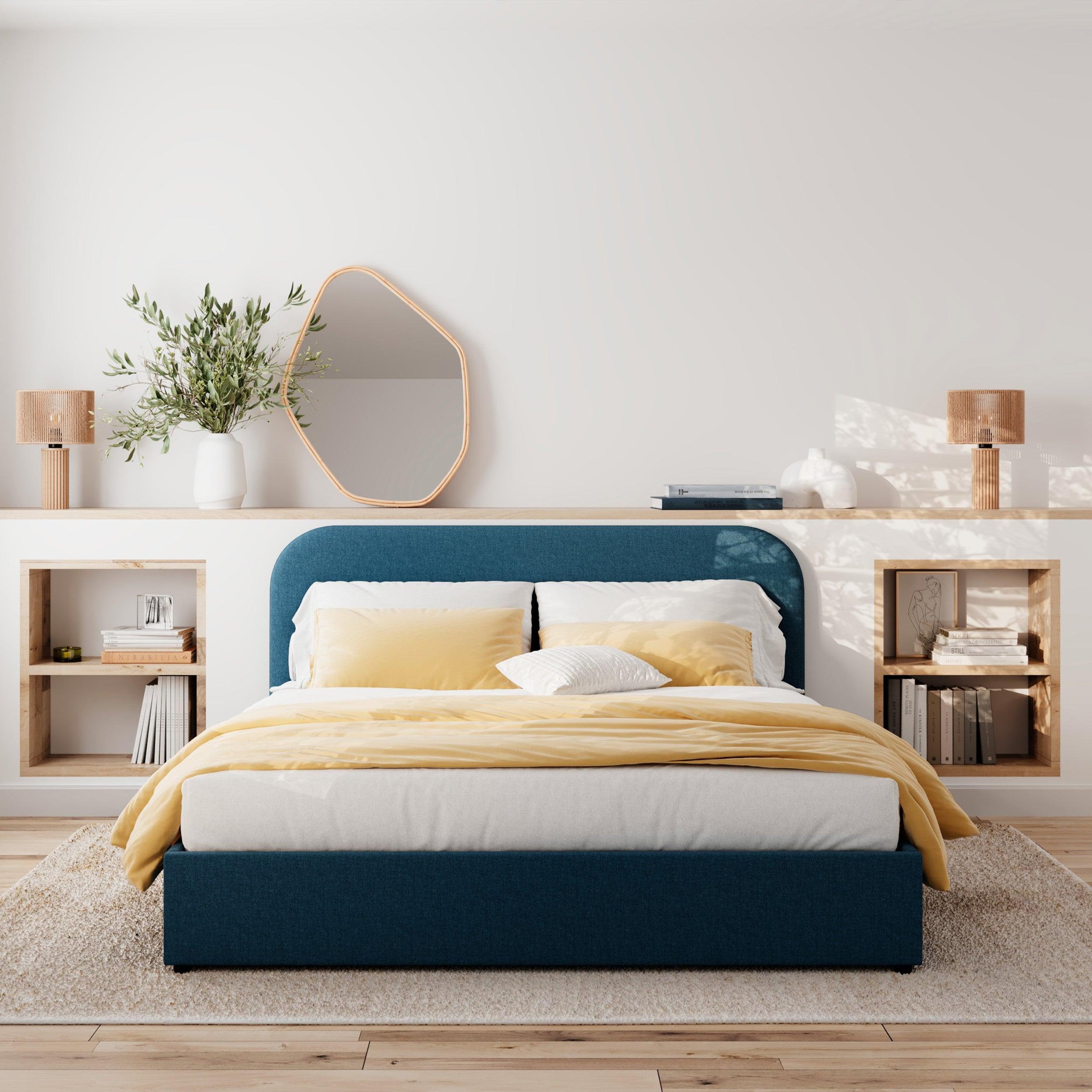 Voir la diapositive 5 : MAISON PAVANE Lit double avec coffre 160x200 cm en tissu bleu-tilly