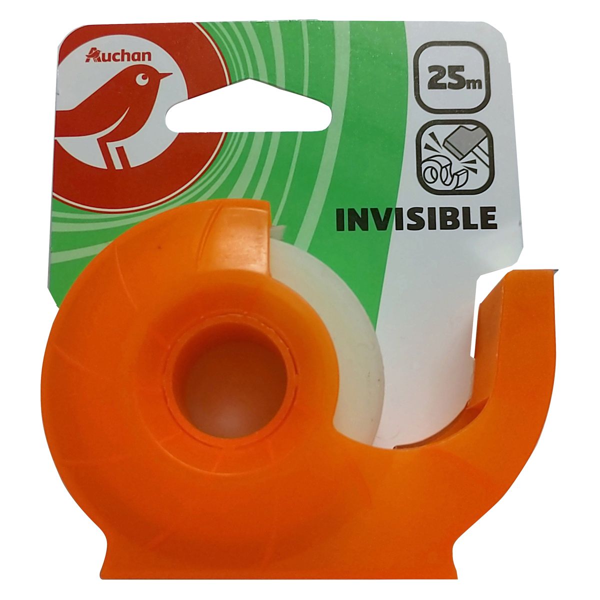 AUCHAN Rouleau ruban adhésif 25m invisible avec dévidoir orange