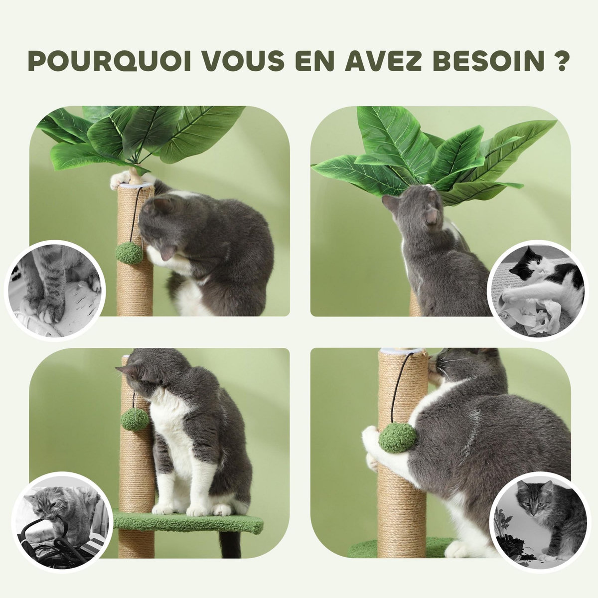 PAWHUT Arbre à chat design tropical - plateforme, griffoir, 2 jeux boules - beige vert