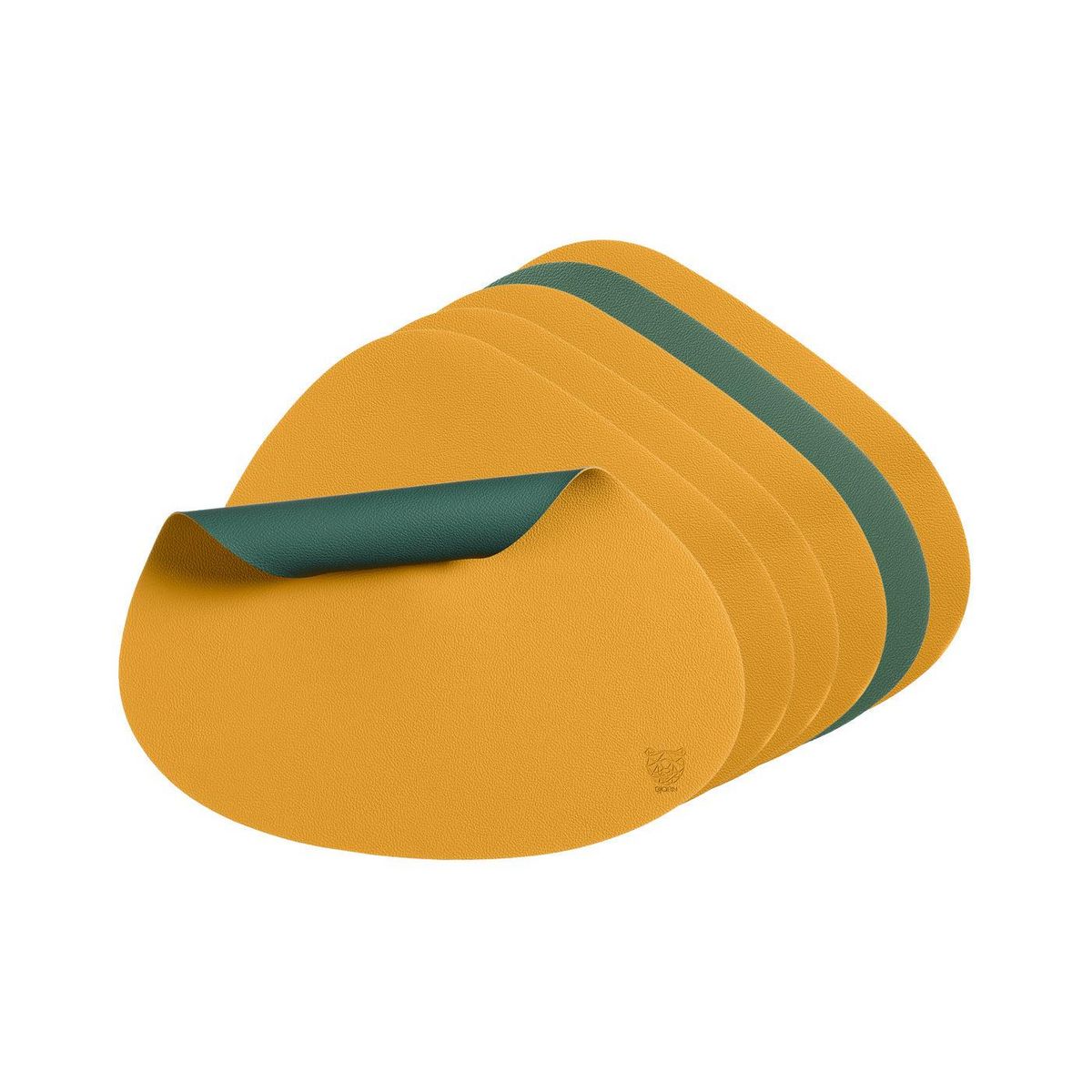 BJORN Set de table curve réversible - 6 pièces - Cuir recyclé jaune moutarde et vert sapin