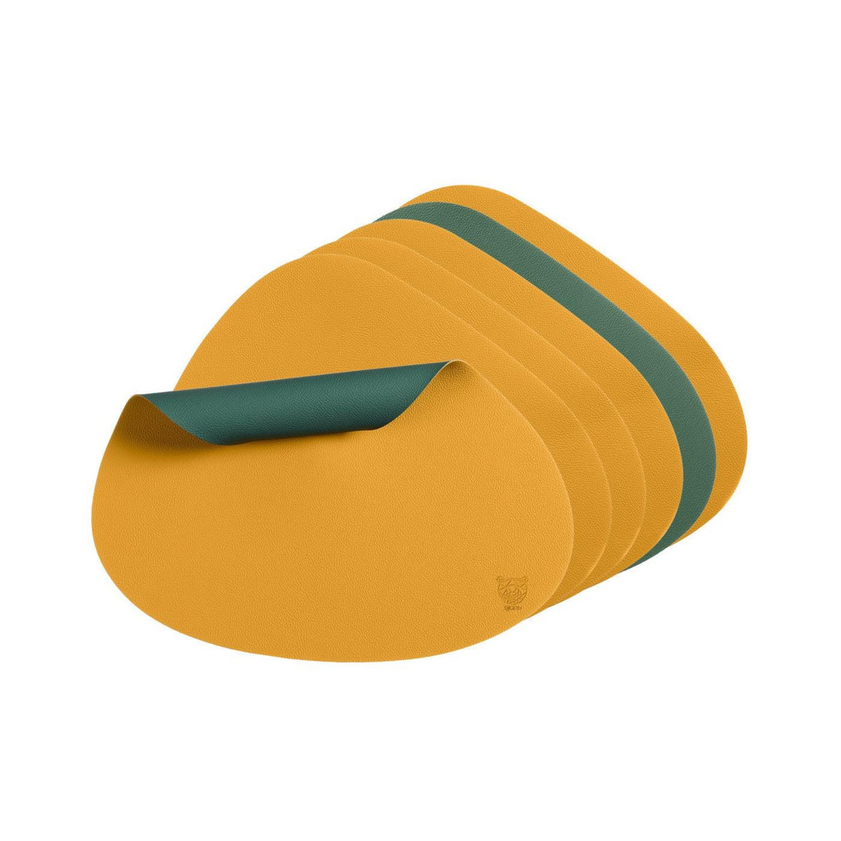 BJORN Set de table curve réversible - 6 pièces - Cuir recyclé jaune moutarde et vert sapin
