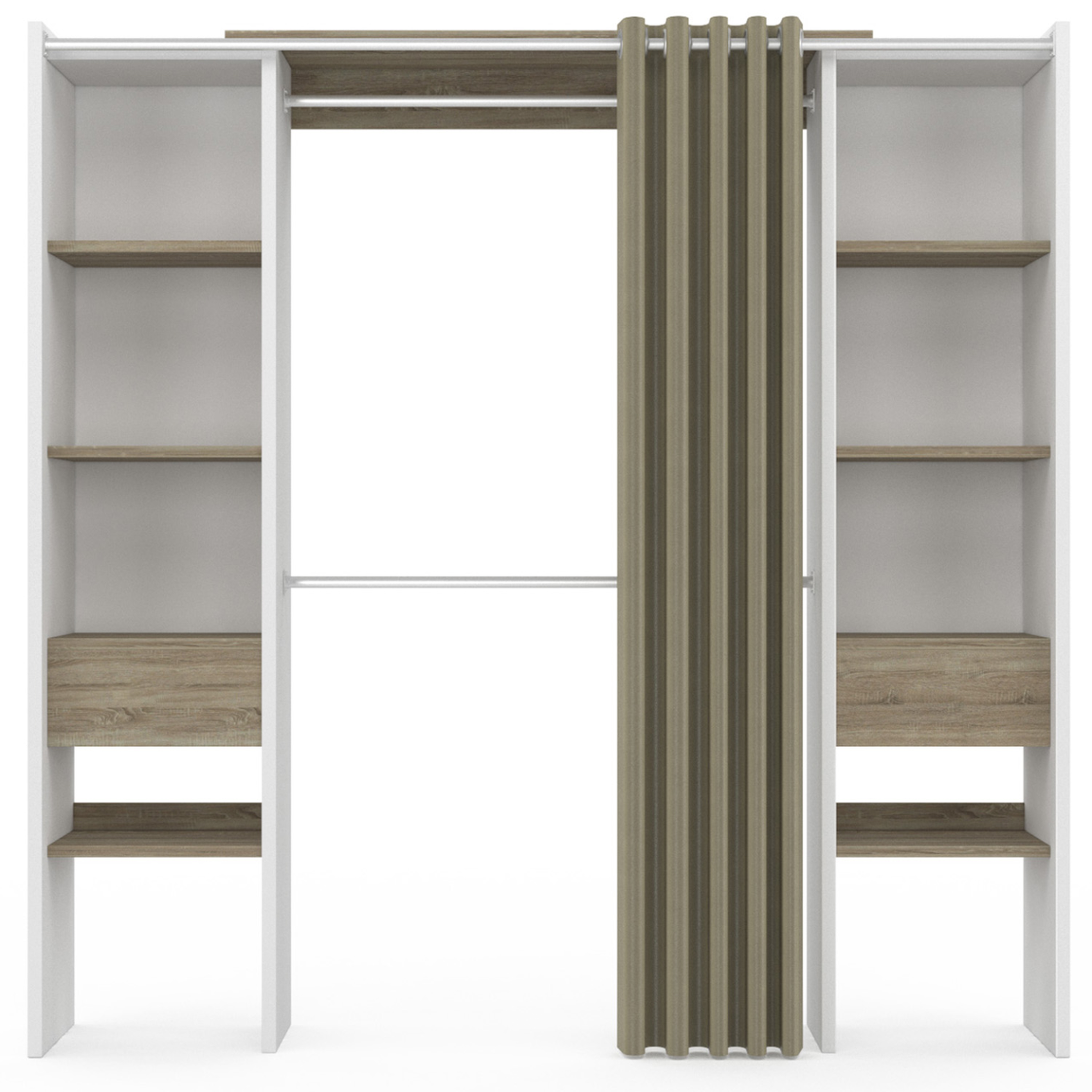 Voir la diapositive 3 : ID MARKET Dressing extensible double meryl 120/180 x 50 x 180 cm blanc avec étagères hêtre + double penderie + rideau taupe